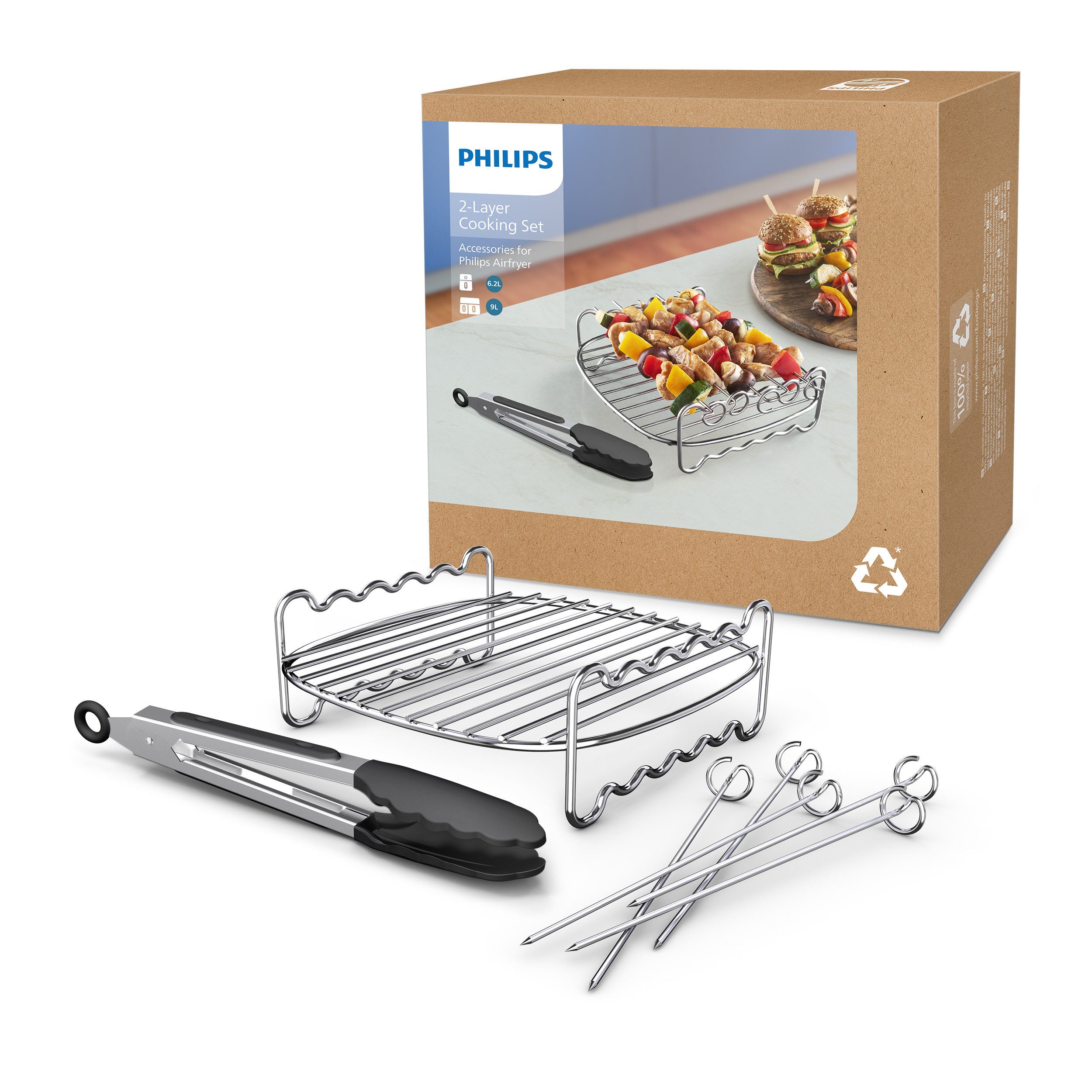 Philips Airfryer-Grillrost HD9920/00 für Airfryer 6,2L, 8,3L, 9L (7-St., Grillrost, 5 Spieße u.Zange im Lieferumfang), mit 2 Ebenen, HomeID App und spülmaschinenfesten Teilen