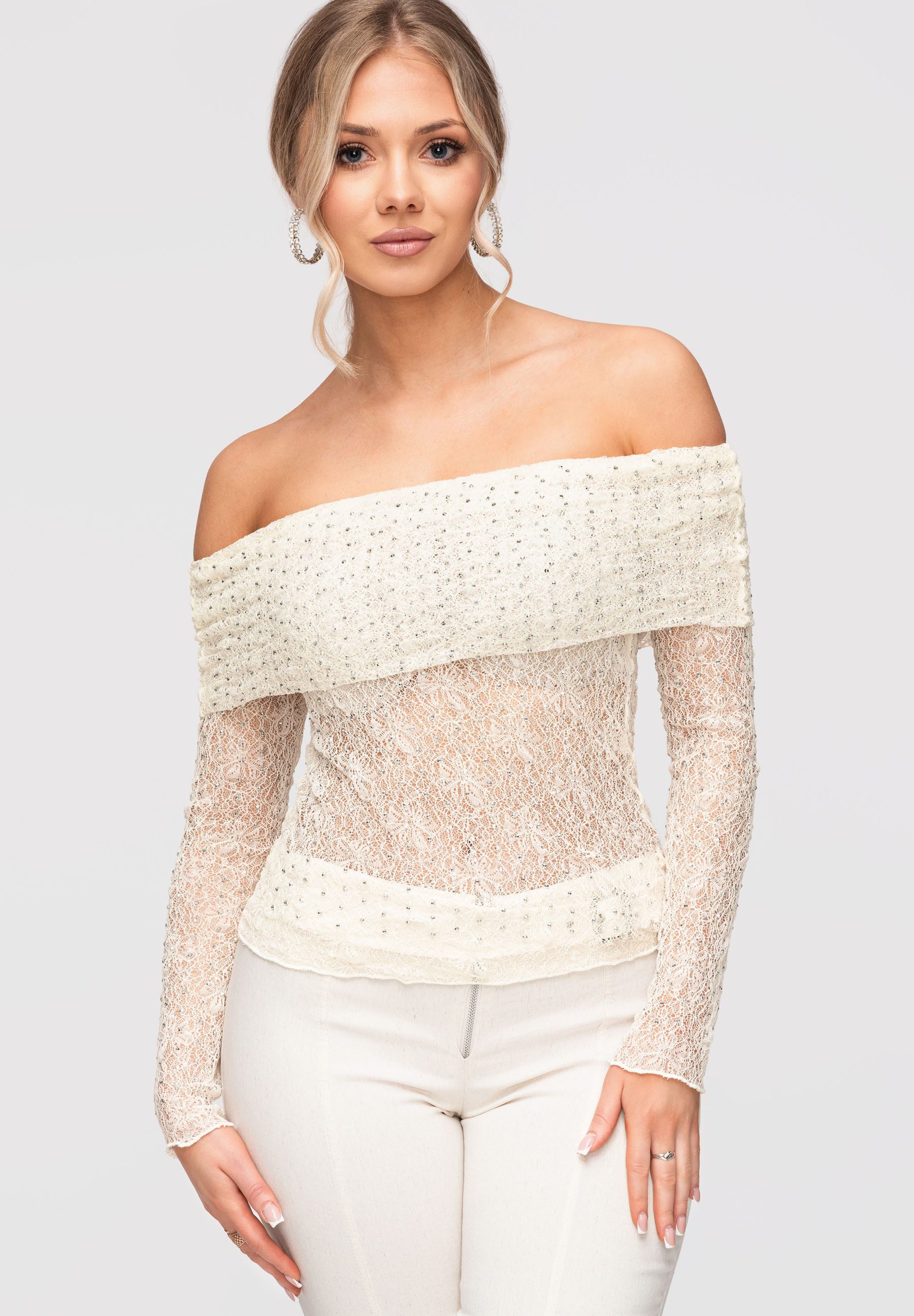 OMBRE Carmenbluse Damen Carmenbluse Spitze Elegant Ecru S/M (kein Set, 1-tlg) Ajour-Muster, transparente Ärmel