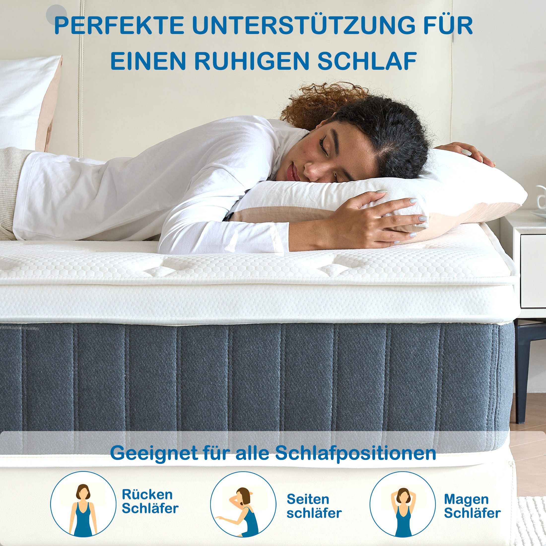 Taschenfederkernmatratze 180 x 200cm, 26cm H3 Höhe – 7-Zonen Orthopädische Matratze, Bednew, 26 cm hoch, mit Comfort Memory-Schaum Schicht, 101 Nächte Probeschl – Bild 4 von 5