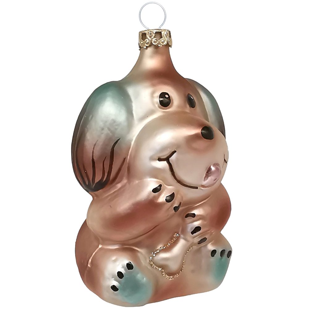 Thüringer Glasdesign Christbaumschmuck Hund mit Knochen 9cm (1-tlg), mundgeblasen, handbemalt