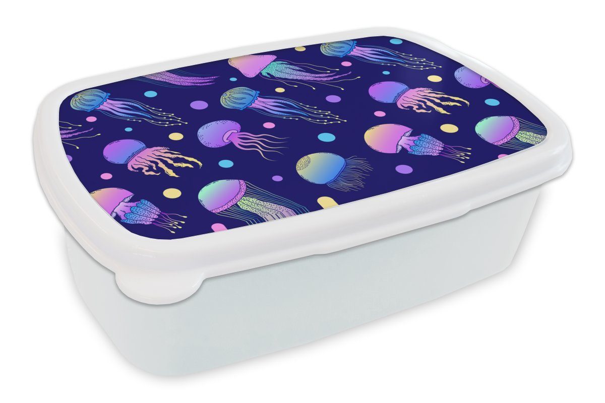 MuchoWow Lunchbox Quallen - Neon - Muster - Regenbogen, Kunststoff, (2-tlg), Brotbox für Kinder und Erwachsene, Brotdose, für Jungs und Mädchen weiß