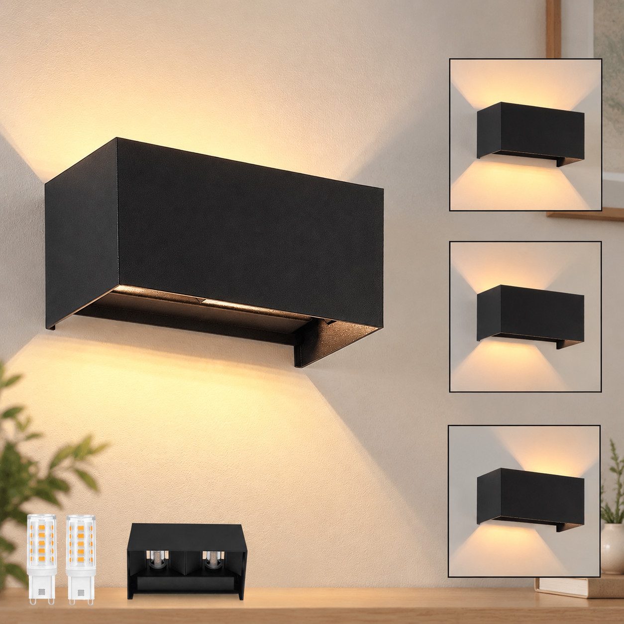 Nettlife LED Wandleuchte Außen innen Up-and-Down Wandlampe,G9 Mit Leuchtmittel,Schwarz, LED fest integriert, Warmweiß, Mit Leuchtmittel, für Flur Garten Treppenhaus Terrasse