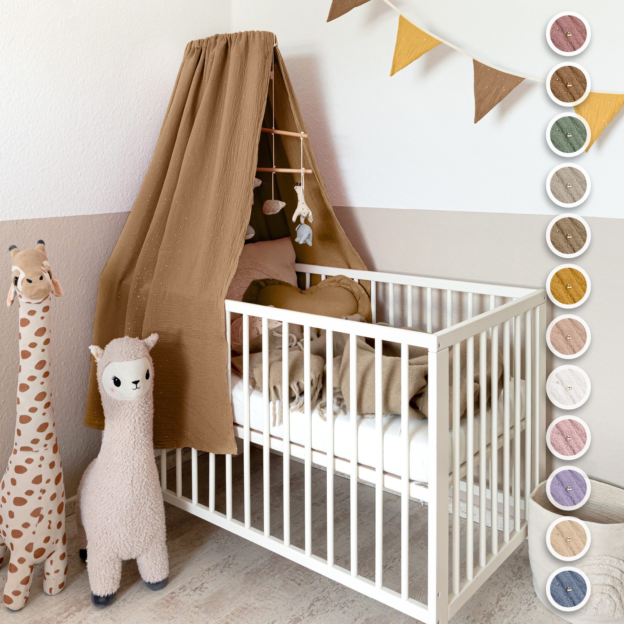 lilimaus Betthimmel Babybett Himmel Gold aus Musselin - handgenähter Baldachin (1-tlg), Betthimmel mit Gold-Details - weich & sanft zu zarter Babyhaut