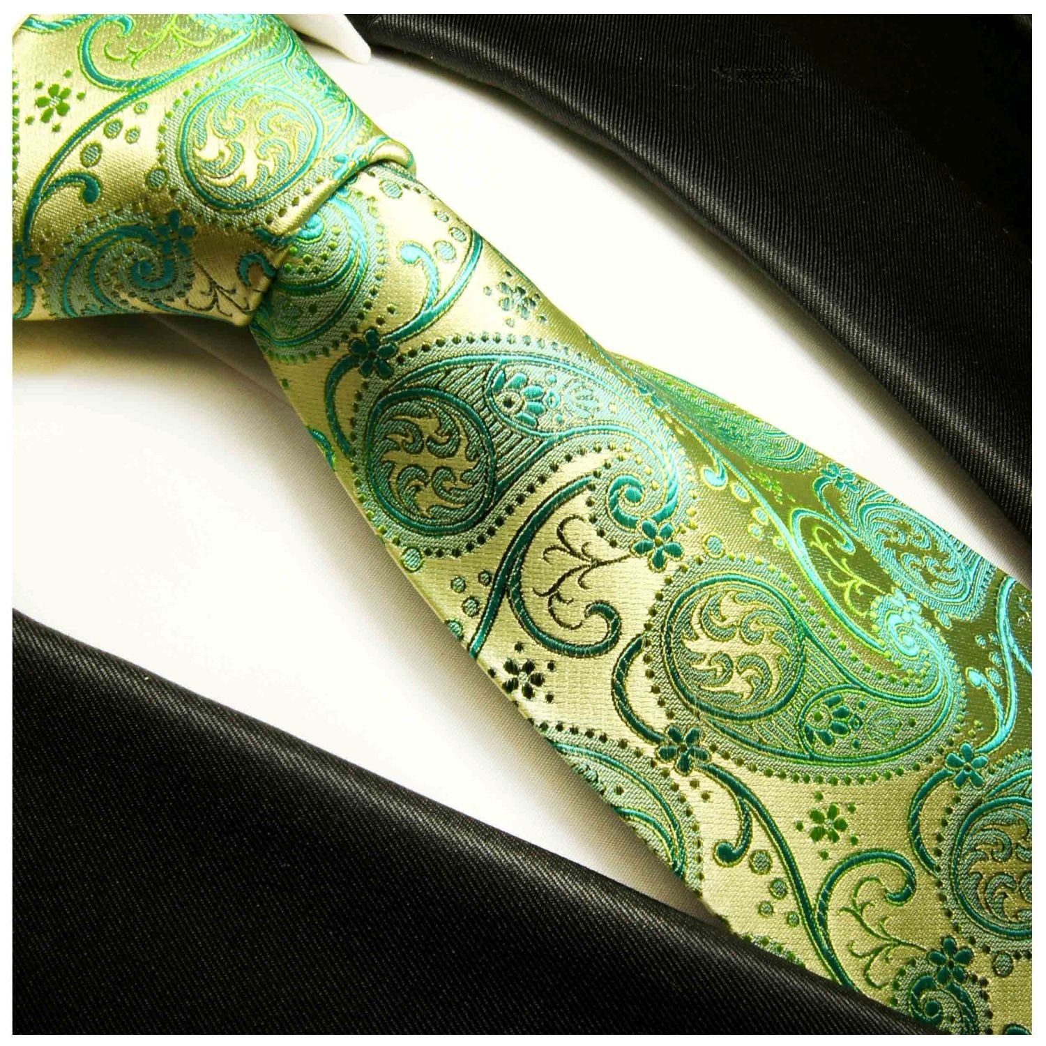 Paul Malone 100% Seidenkrawatte gold 817 Krawatte Herren Seide grün Breit mit paisley Einstecktuch) (8cm), (Set, brokat Tuch 2-St., und Krawatte