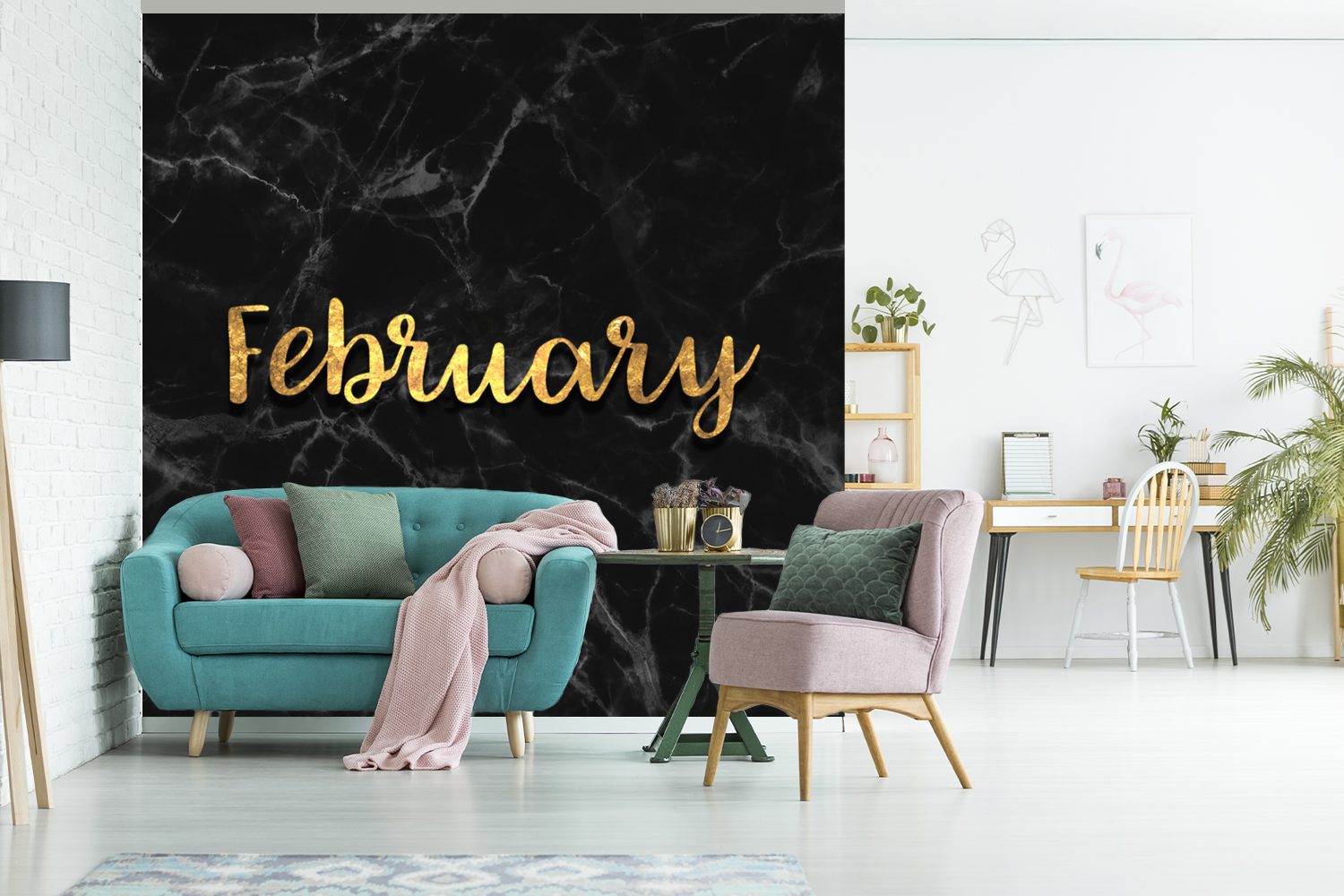 Kalender Vinyl Gold Matt, für - St), Tapete Februar oder Fototapete - (5 Marmor, Schlafzimmer, MuchoWow bedruckt, Wandtapete - Wohnzimmer