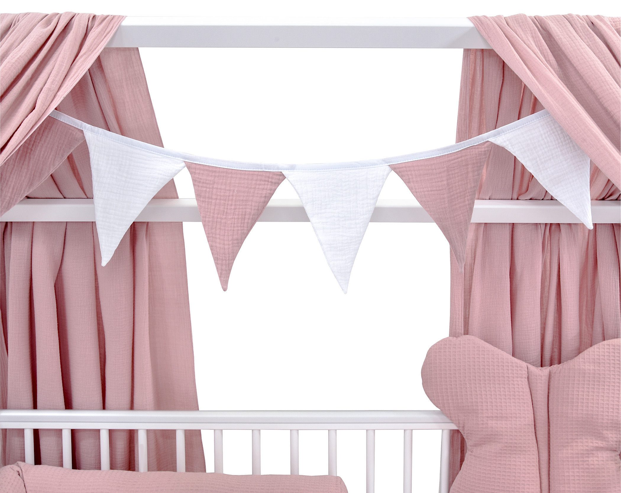 Baby-Delux Komplettbett Hausbett Babybett Komplettset Waffelpique Musselin, 12-tlg., Kinderbett 60x120 cm weiß, Bettset verschiedene Designs