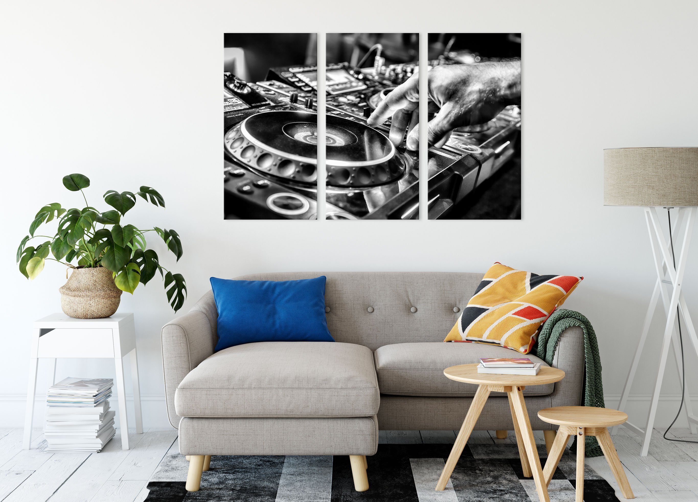 DJ bespannt, Music DJ inkl. (1 Pixxprint (120x80cm) Leinwandbild Leinwandbild 3Teiler fertig Cool St), Plattenteller, Music, Plattenteller, Zackenaufhänger Cool