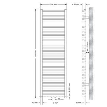 ECD Germany Heizkörper Designeizkörper Handtuchwärmer Handtuchtrockner Handtuchheizkörper, Mittelanschluss 750x1800mm Chrom gebogen Anschlussgarnitur Thermostat