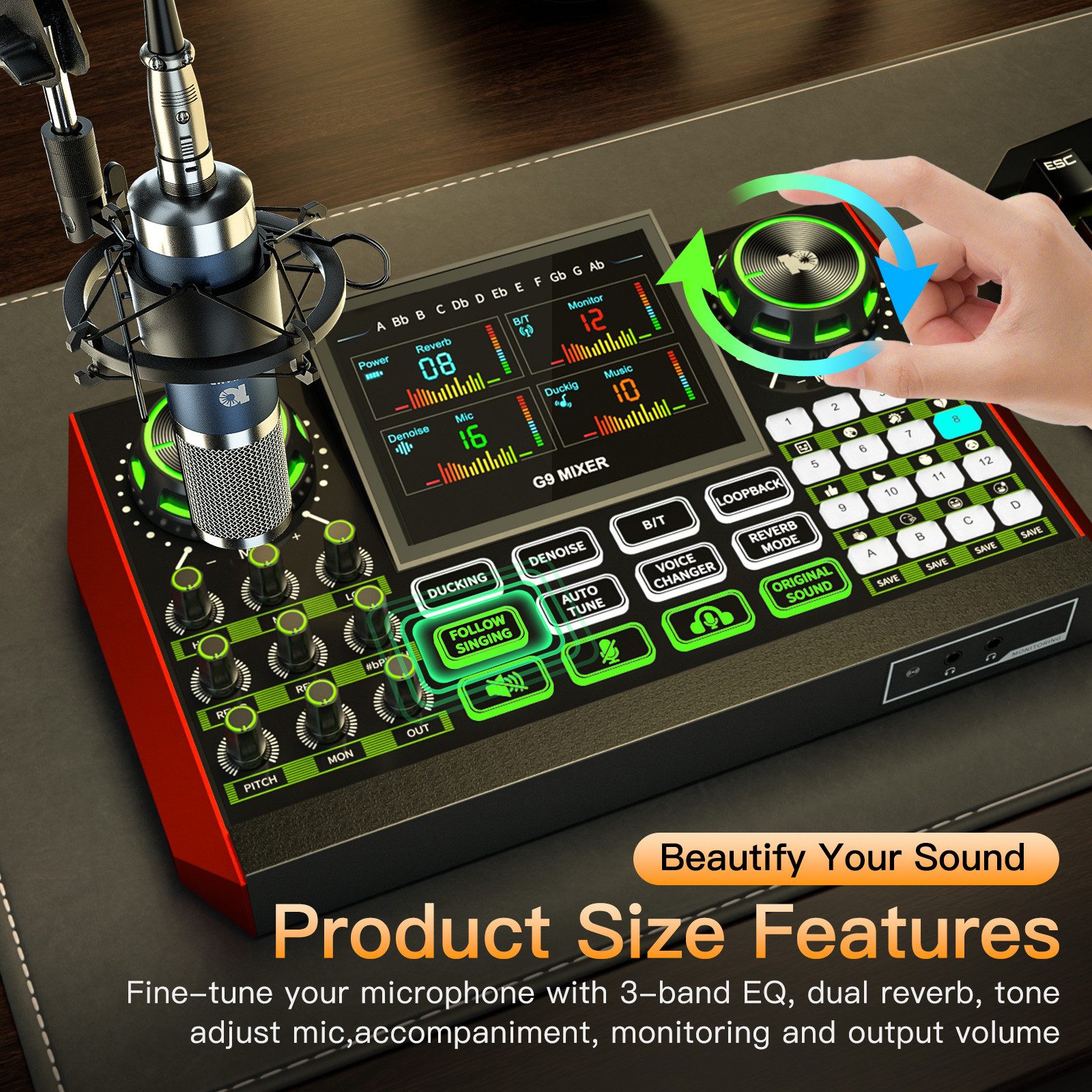 Tenlamp Podcast-Streaming-Set mit Mikrofon & Soundboard Soundkarte, USB-Plug-and-Play, Display, Stimmwechsel, Aufnahme, Hall