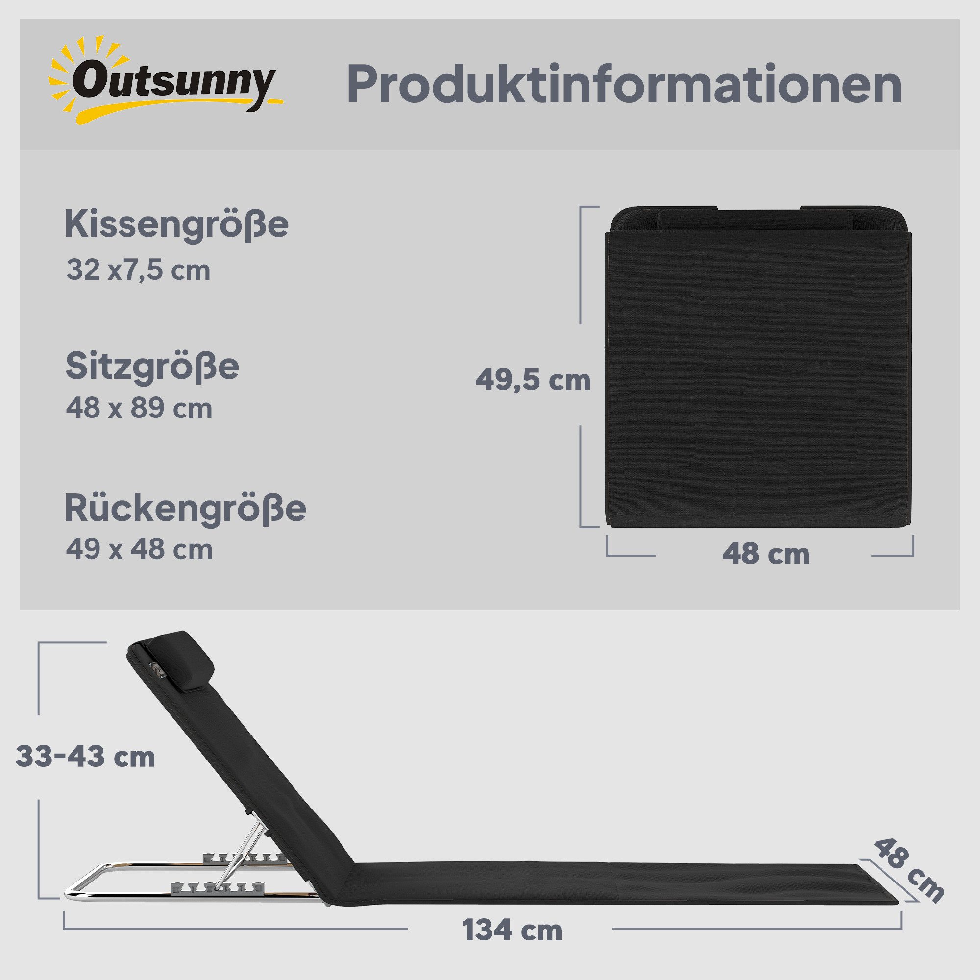 Outsunny Gartenliege 2er Set Faltbare Strandmatratze 5-stufige Höhenverstellbar Liege, Faltbare Strandliege, 2 St., Strandmatratze, Stahl, Schwarz, 134 x 48 x 33-43 cm