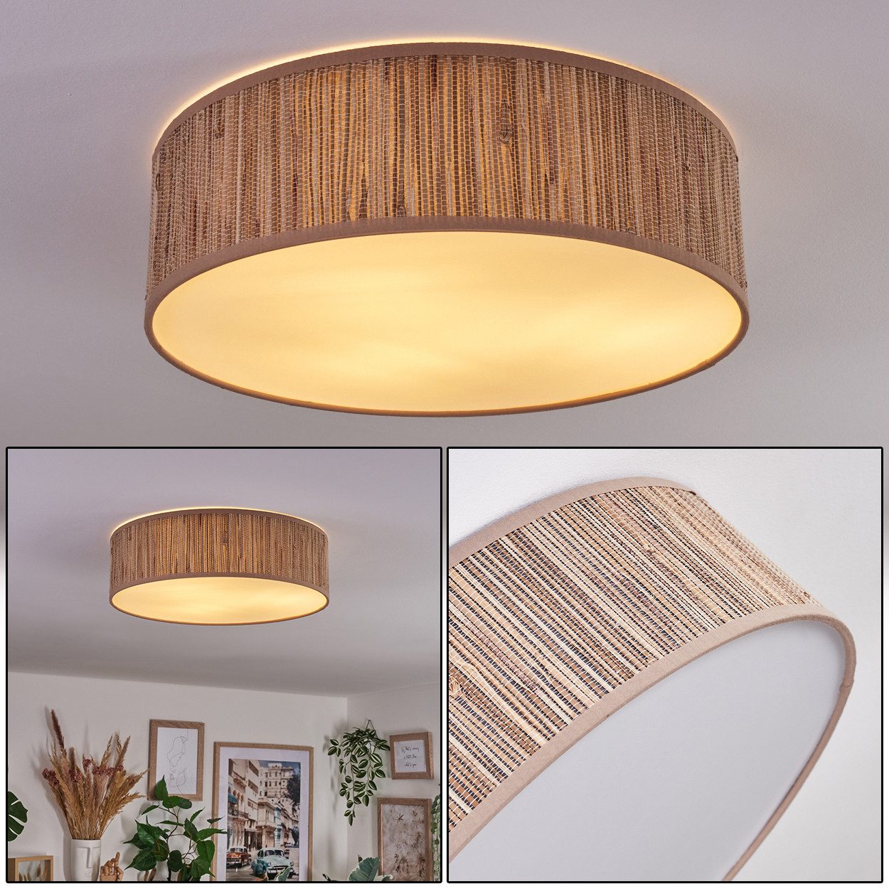 hofstein Deckenleuchte Deckenlampe aus Metall/Schilfgras/Kunststoff in Nickel-matt/Braun/Weiß, ohne Leuchtmittel, runde Deckenleuchte im modernen Boho-Design (40 cm), E27