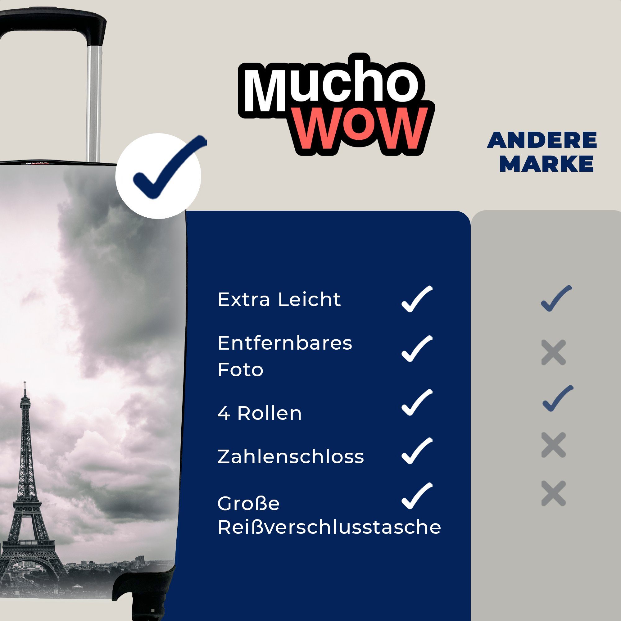 Ferien, Reisekoffer Handgepäckkoffer MuchoWow unter Reisetasche Eiffelturm Wolken, rollen, 4 Rollen, mit tobenden Handgepäck für Trolley,