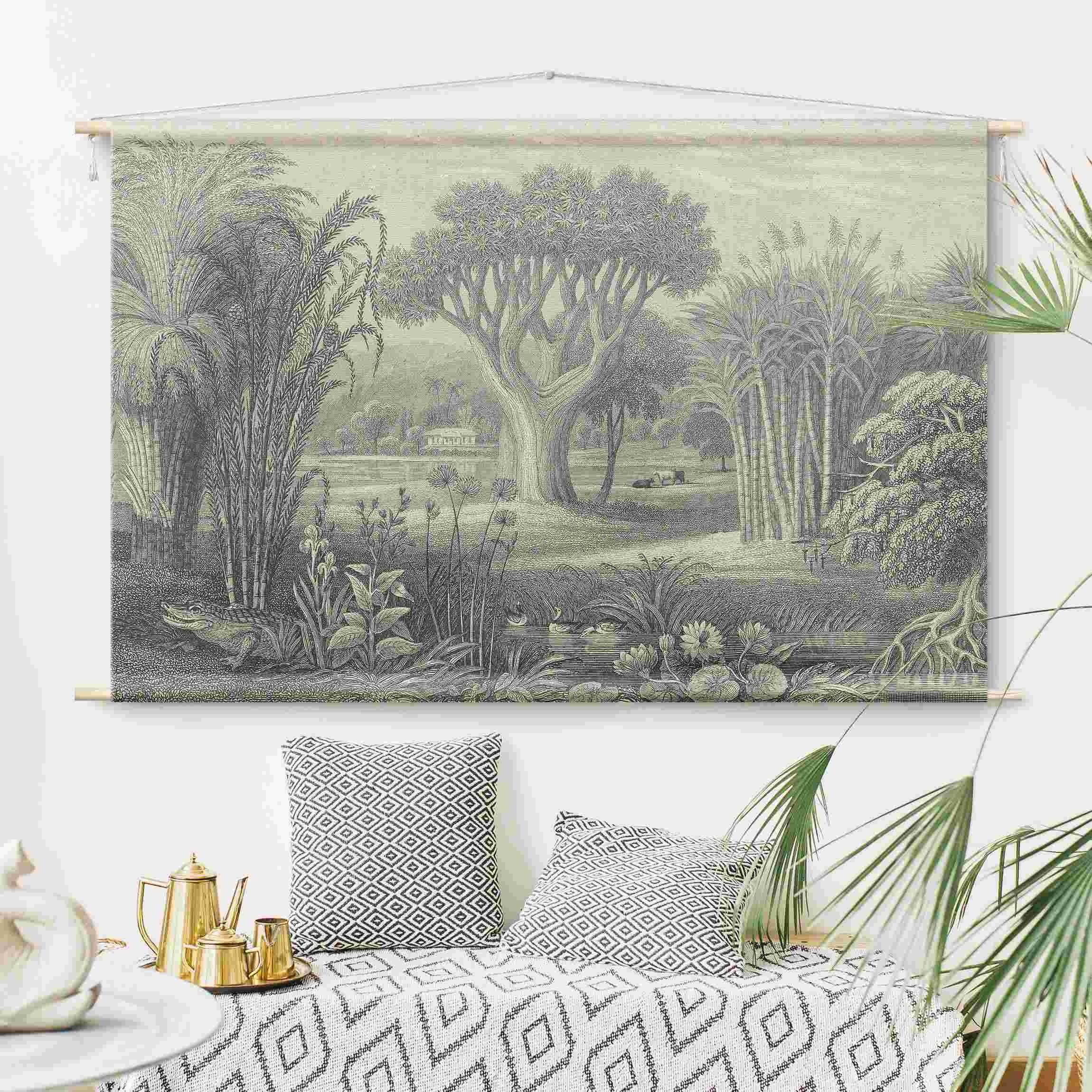 Bilderdepot24 Wandteppich modern Wald Tropisch Natur Vintage grau, rechteckig, Höhe: 2.6 mm, großes Wandbild aus Natur-Baumwolle Wandbehang Stoffbild Tuch Wollseil