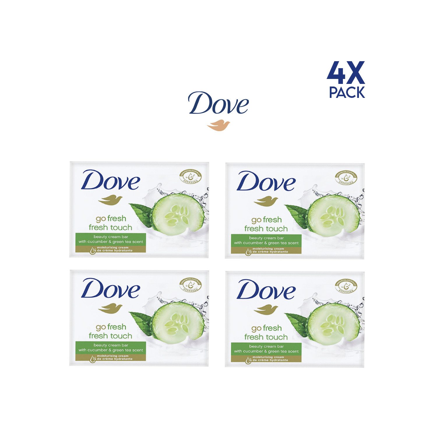 DOVE / UNILEVER Gesichtsseife Dove Fresh Beauty Cream Bar Gurke & Grüntee 90 g Seifenstück, 4-tlg., Für Hände, Gesicht und Körper, Erfrischender Gurken- & Grüntee-Duft