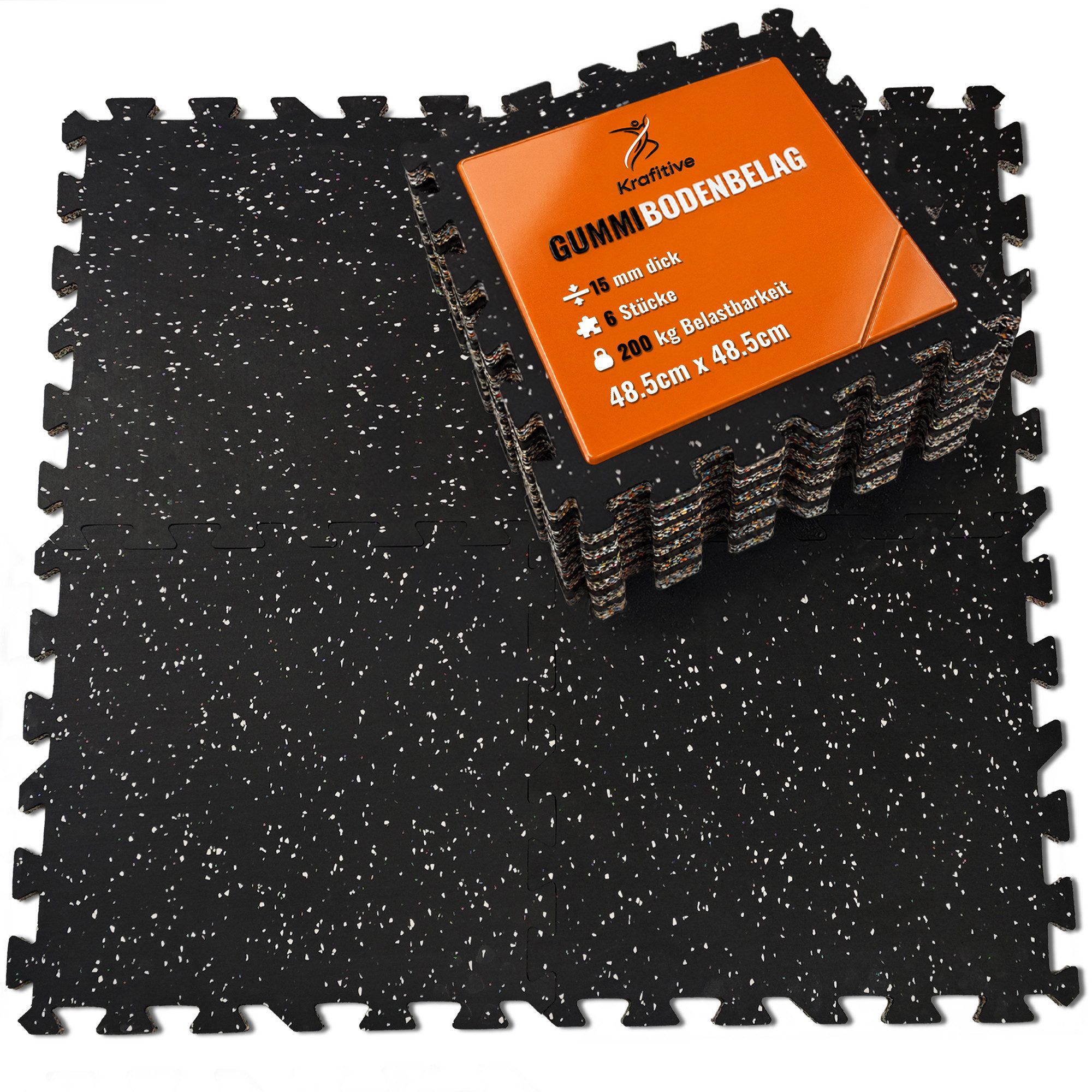 Krafitive Bodenschutzmatte Puzzlematte Fitness Sportboden Schwerlast Schallschutz, 6-St., 6er-Set, 15mm dickes Gummigranulat, bis 200kg belastbar & vibrationsdämpfend.