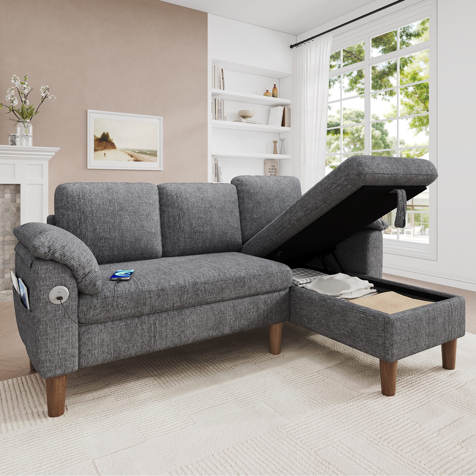 Merax Ecksofa L-förmiges Sofa mit Stauraum-Chaiselongue, links oder rechts montierbar, Couch, Schlafsofa 1 Teile, 3-Sitzer-Sofa mit USB & Type-C Ladeanschluss, Seitentaschen & Kissen