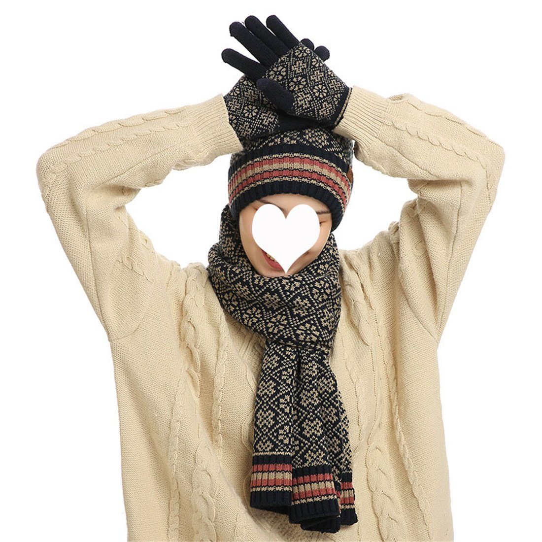 DÖRÖY Strickmütze Unisex Winter Vintage Wollmütze, Mütze, Schal, Handschuhe 3er Set blau