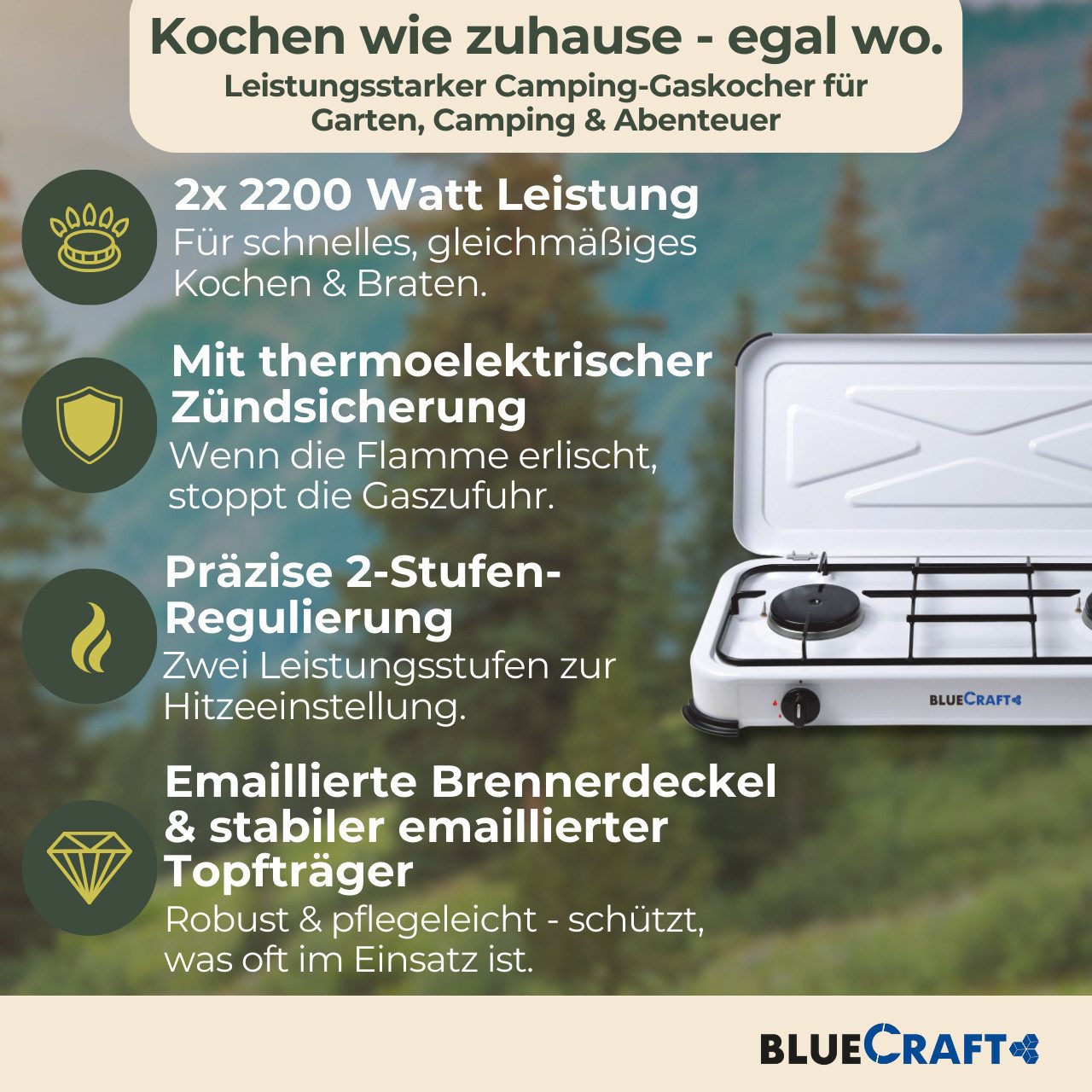 BlueCraft Gaskocher 2 flammig mit Zündsicherung 50mbar Propan Gas Campingkocher 4,4 kW, (mit Schlauch 100 cm und Gas Regler Druckminderer), Camping Gas Kocher 2 flammen für Gasflasche Gasherd Gas-Kochfeld