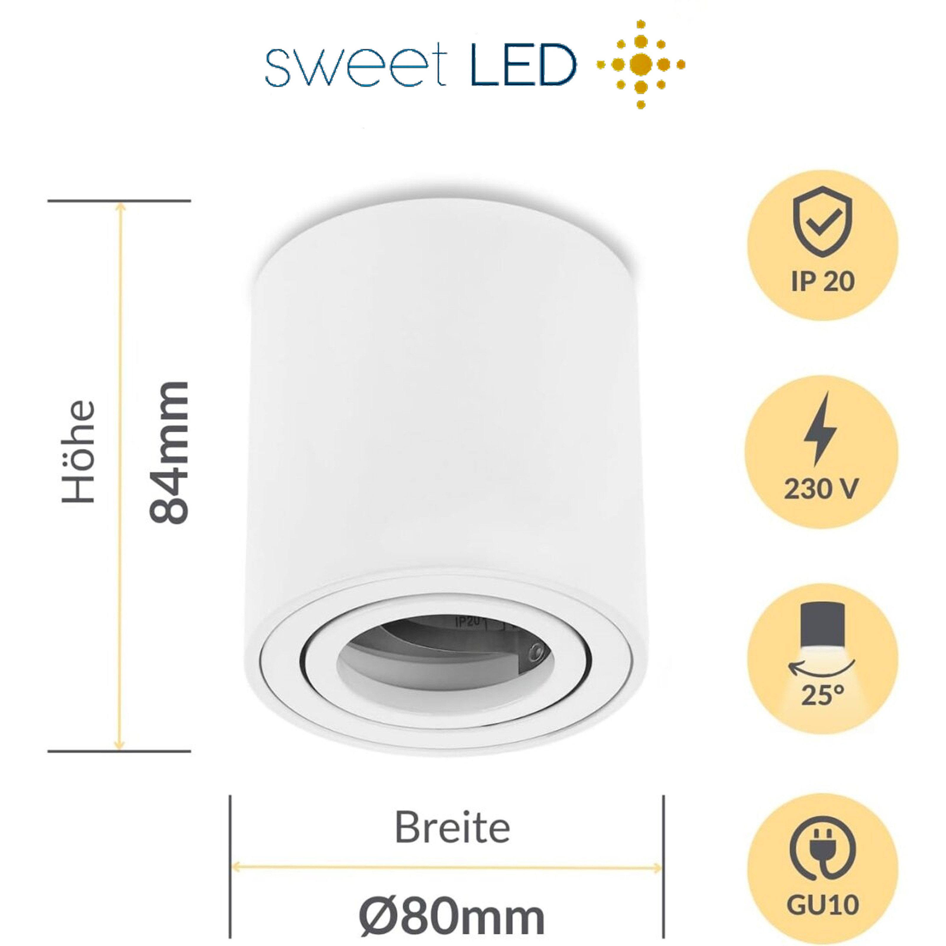 Sweet LED Aufbauleuchte 4er Set GU10 Alu Deckenspots IP44 Badezimmer weiß 230V, spritzwassergeschützt, ohne Leuchtmittel, Aufbaustrahler LED, Aufbauspot, Deckenstrahler