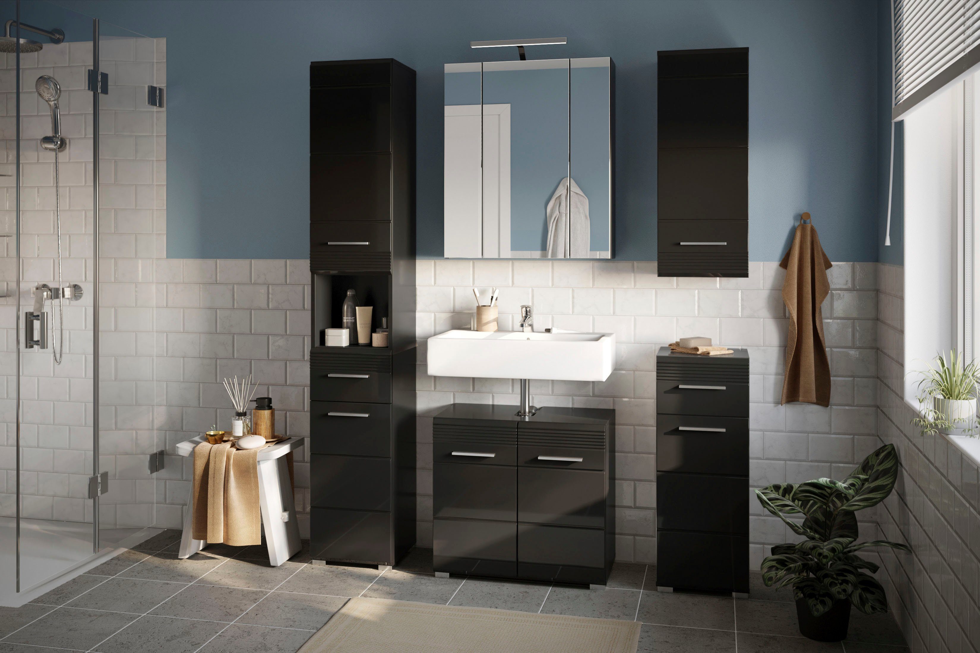 Home affaire Badezimmerspiegelschrank Malmö, Breite 60 cm, 3 Spiegeltüren, 9 Fächer, 6 Einlegeböden (1-St) in verschiedenen Farben erhältlich, Badmöbel, Spiegel – Bild 5 von 5
