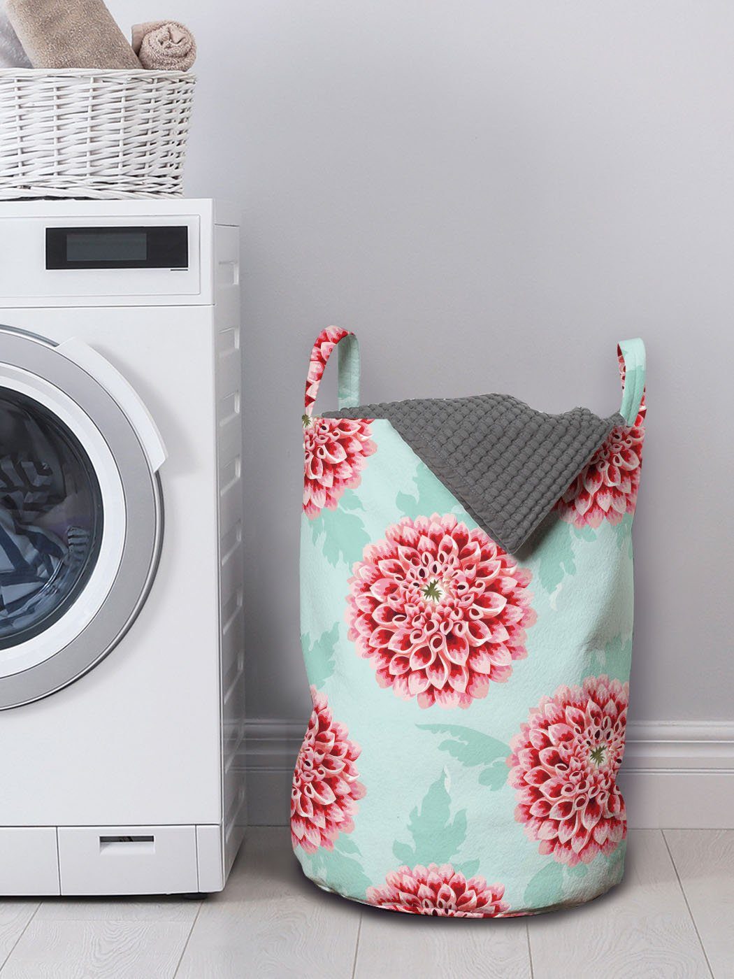 Abakuhaus Wäschesäckchen Wäschekorb mit Griffen Pompom für Blütenblätter Waschsalons, geformte Dahlie Kordelzugverschluss
