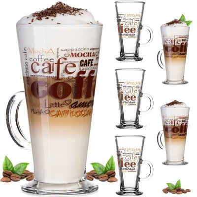 PLATINUX Latte-Macchiato-Glas Kaffeegläser mit Kaffee-Motiv, Glas, mit Griff Set 6-Teilig 200ml (max. 280ml) Glas Latte Macchiato Gläser