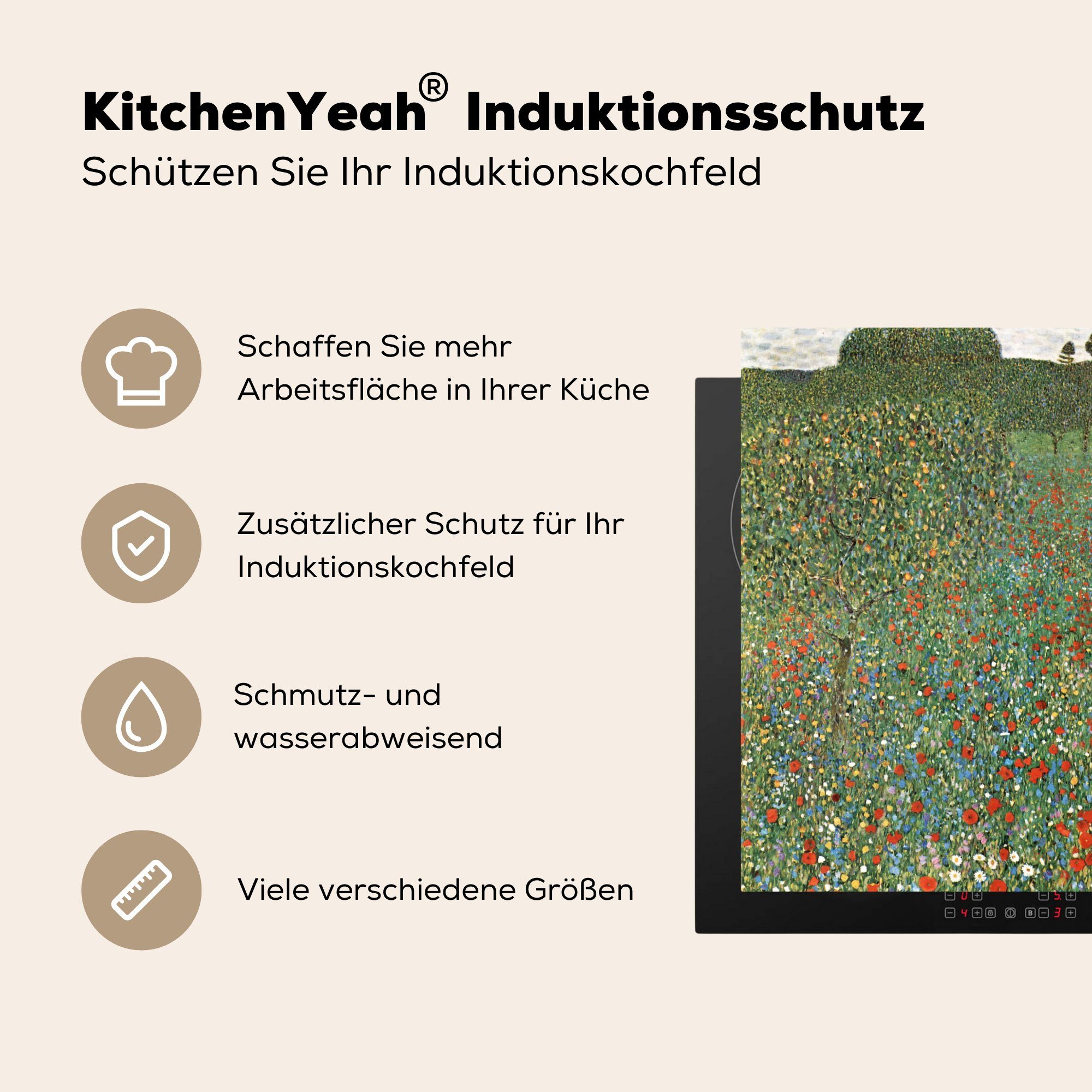 küche Gustav für Klimt, Herdblende-/Abdeckplatte Mohnfeld cm, 78x78 Vinyl, MuchoWow tlg), Ceranfeldabdeckung, Arbeitsplatte (1 -