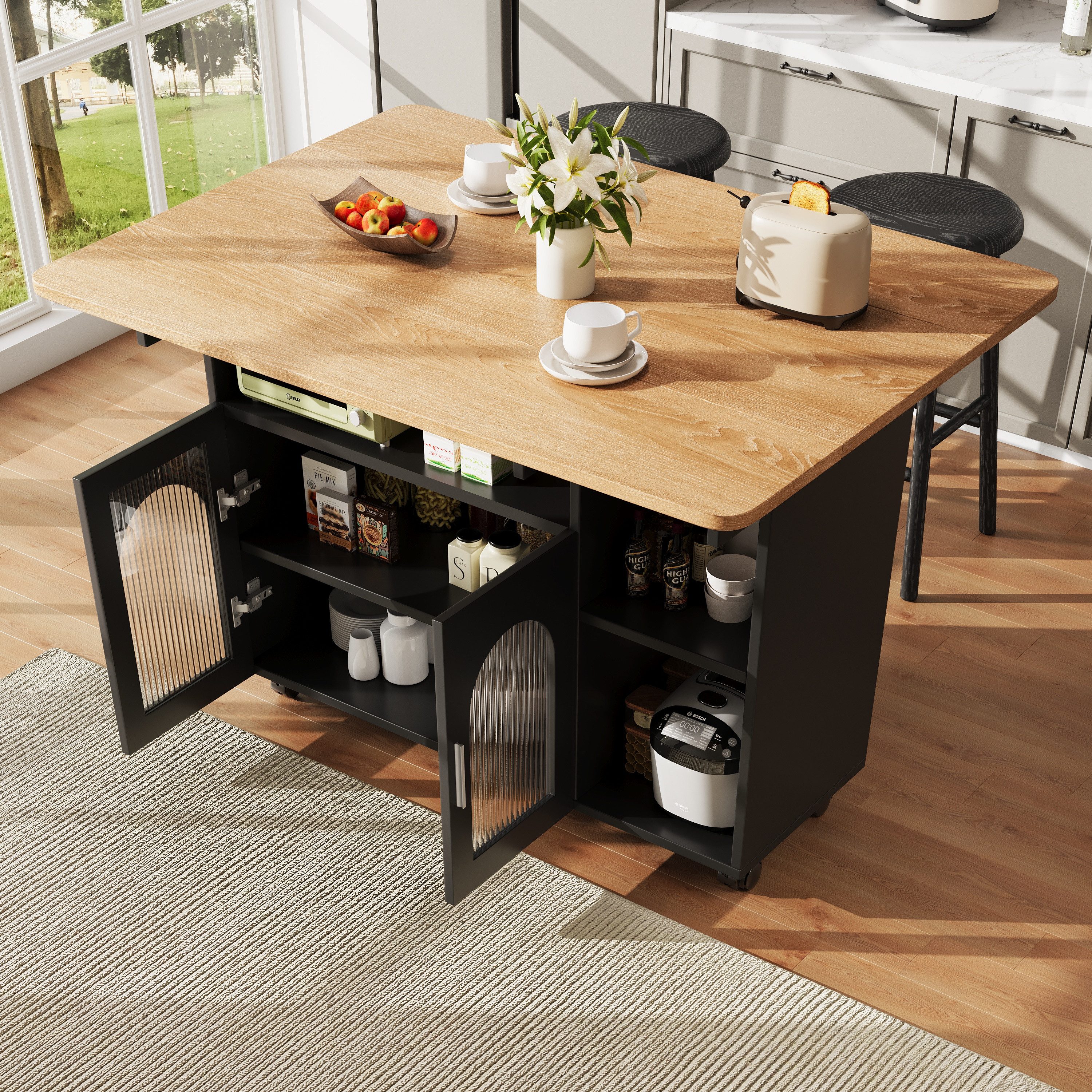 Celya Küchenwagen Kücheninsel, mit Speicherraum, küchenwagen mit rollen, (buffetschrank, Schwarz), Abnehmbare Servierwagen buffetschrank, Speisewagen mit Holzmaserung