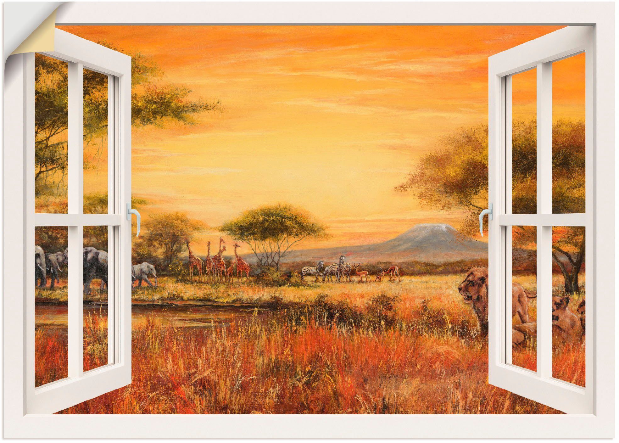 Artland Wandbild Fensterblick Afrikanische Steppe Löwen, Fensterblick (1 St), als Leinwandbild, Wandaufkleber oder Poster in versch. Größen