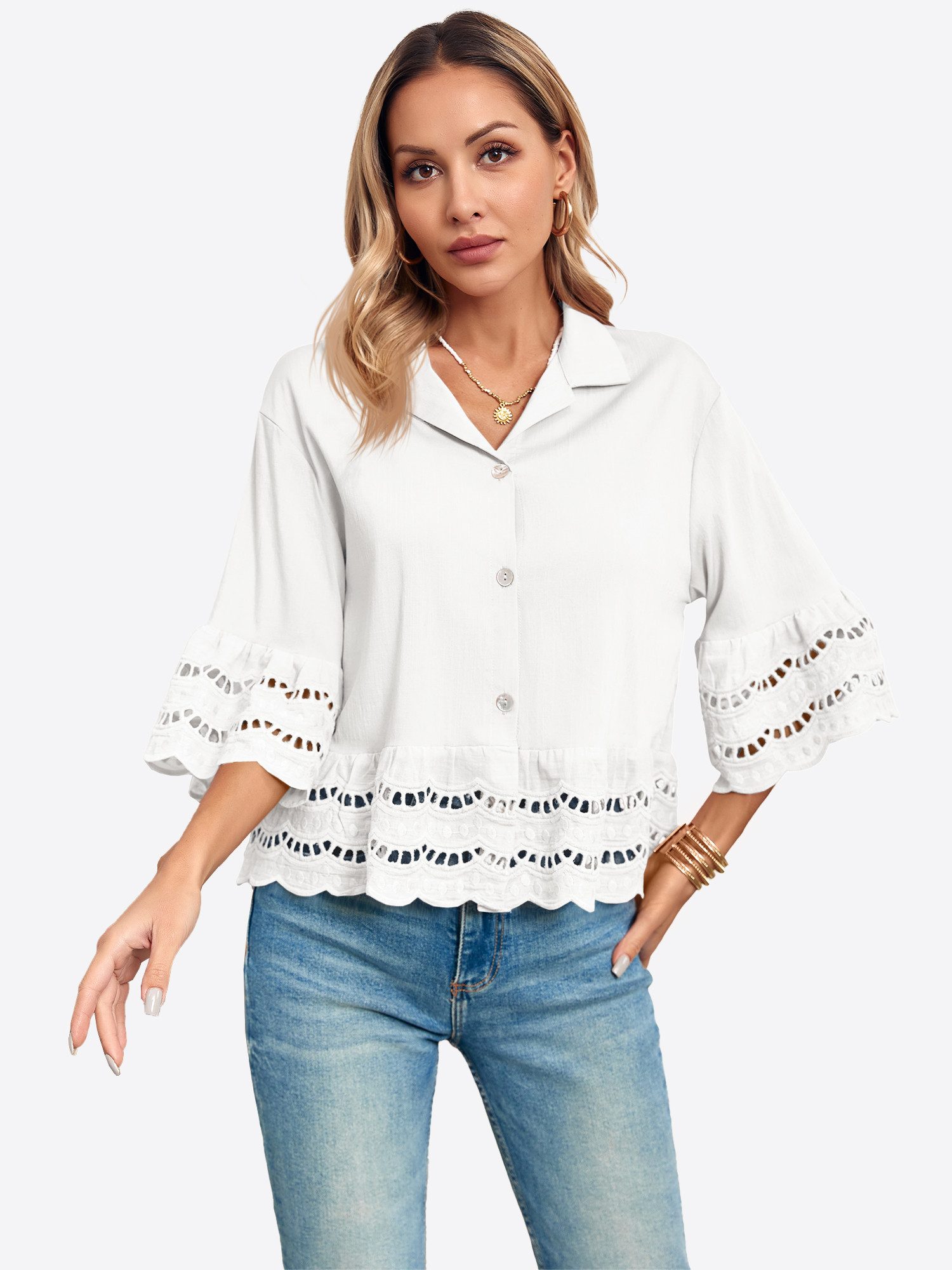 Imily Bela Blusenshirt Damen Button Down Hemden mit 3/4-Glockenärmeln (Pack günstig online kaufen