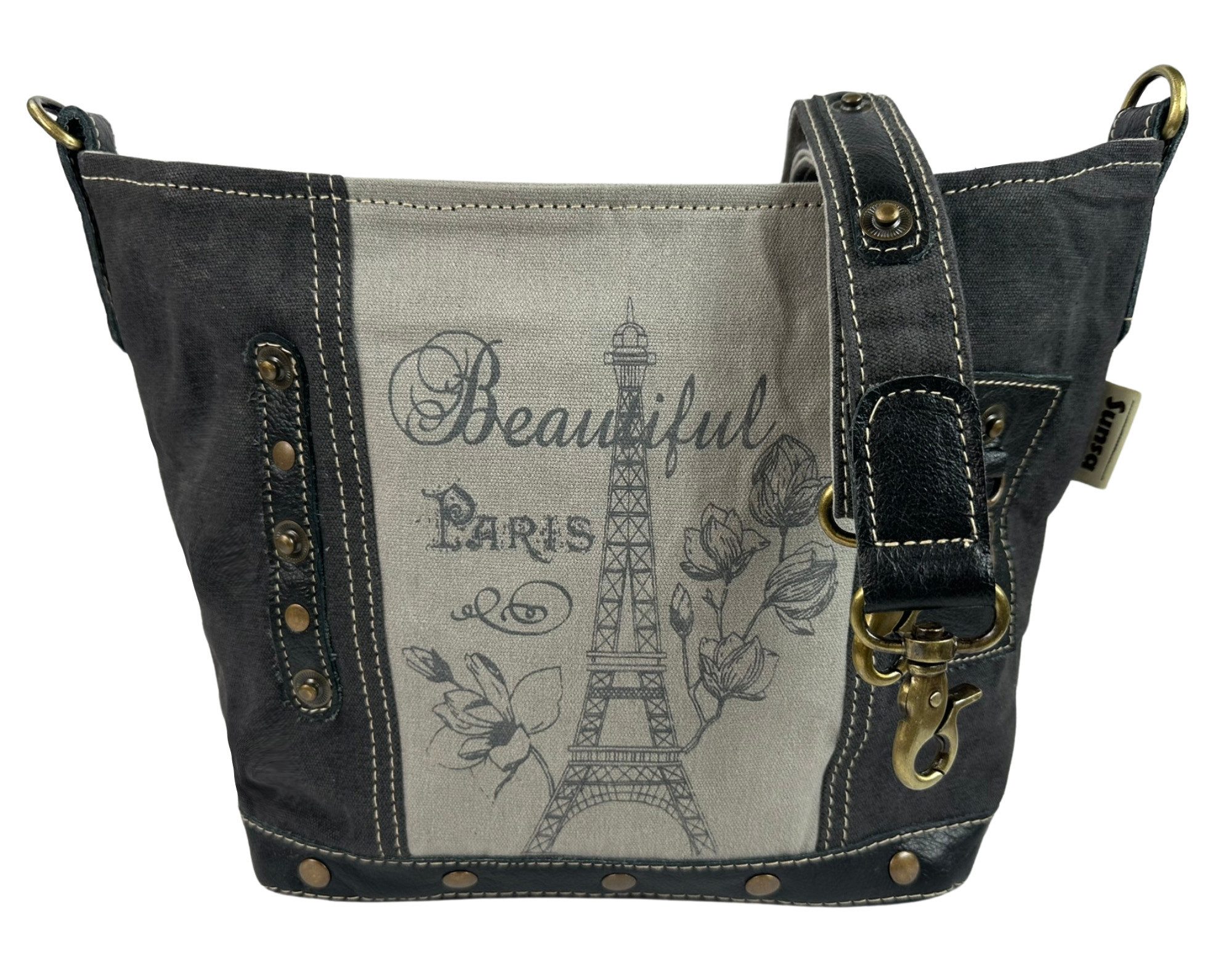 Sunsa Umhängetasche Canvas Damentasche graue Vintage Crossbody Tasche, Paris Vintage Aufdruck