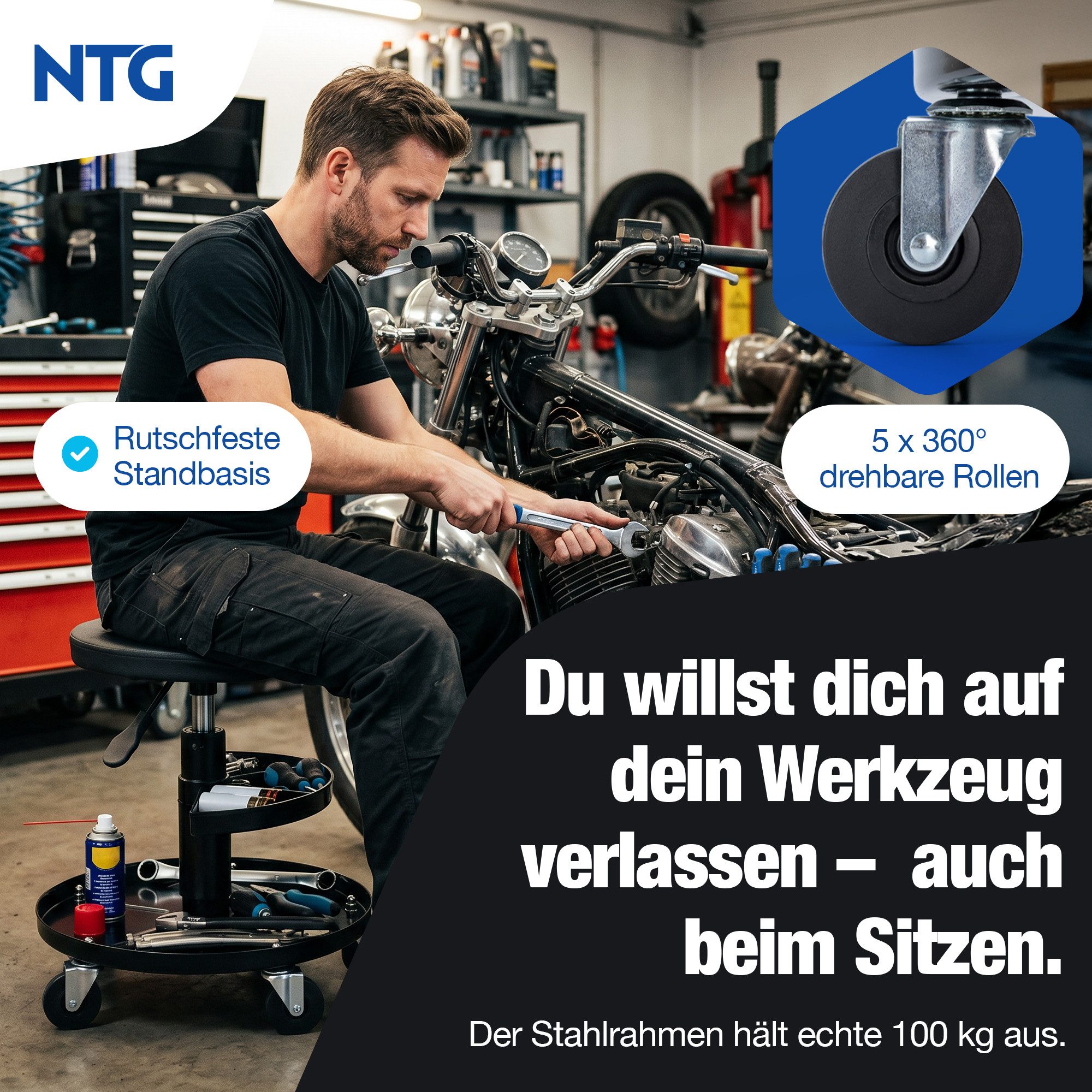 NTG Nutzfahrzeug Technik GmbH Drehhocker Rollsitz bis 100kg – Arbeitshocker mit Werkzeugablage (Höhenverstellbar bis 55 cm, Höhenverstellbar bis 55 cm), Werkstattsitz für Garage KFZ Werkstatt