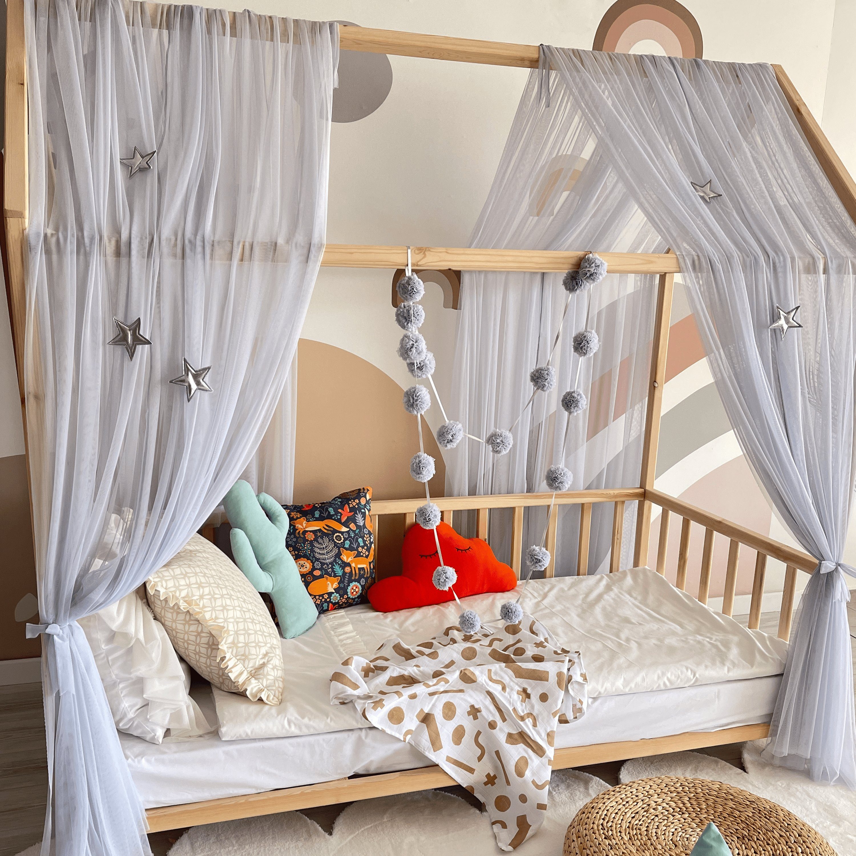 Betthimmel Betthimmel Tüll Hausbett Kinderbett 2 Stück 340cm 380cm Montessori