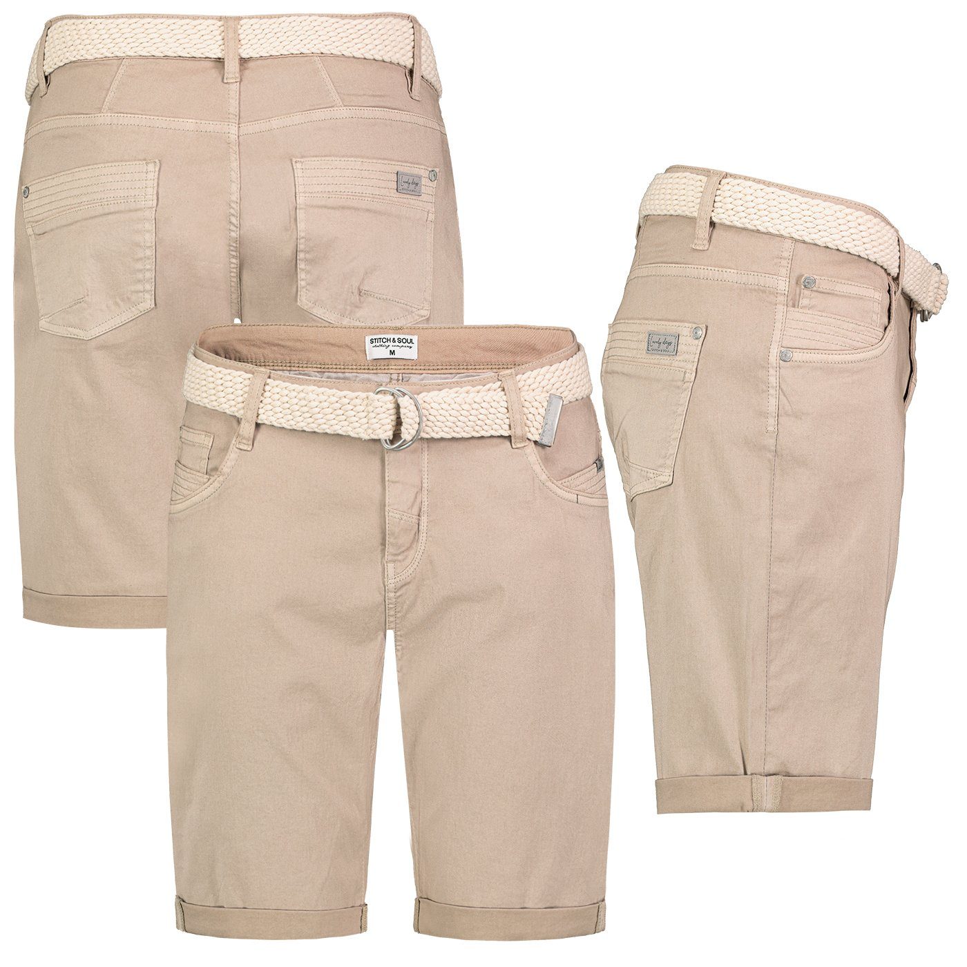 Stitch & Soul Bermudas Damen Short Bermuda kurze Hose Sommer Chino Stoff Hose mit Gürtel string beige