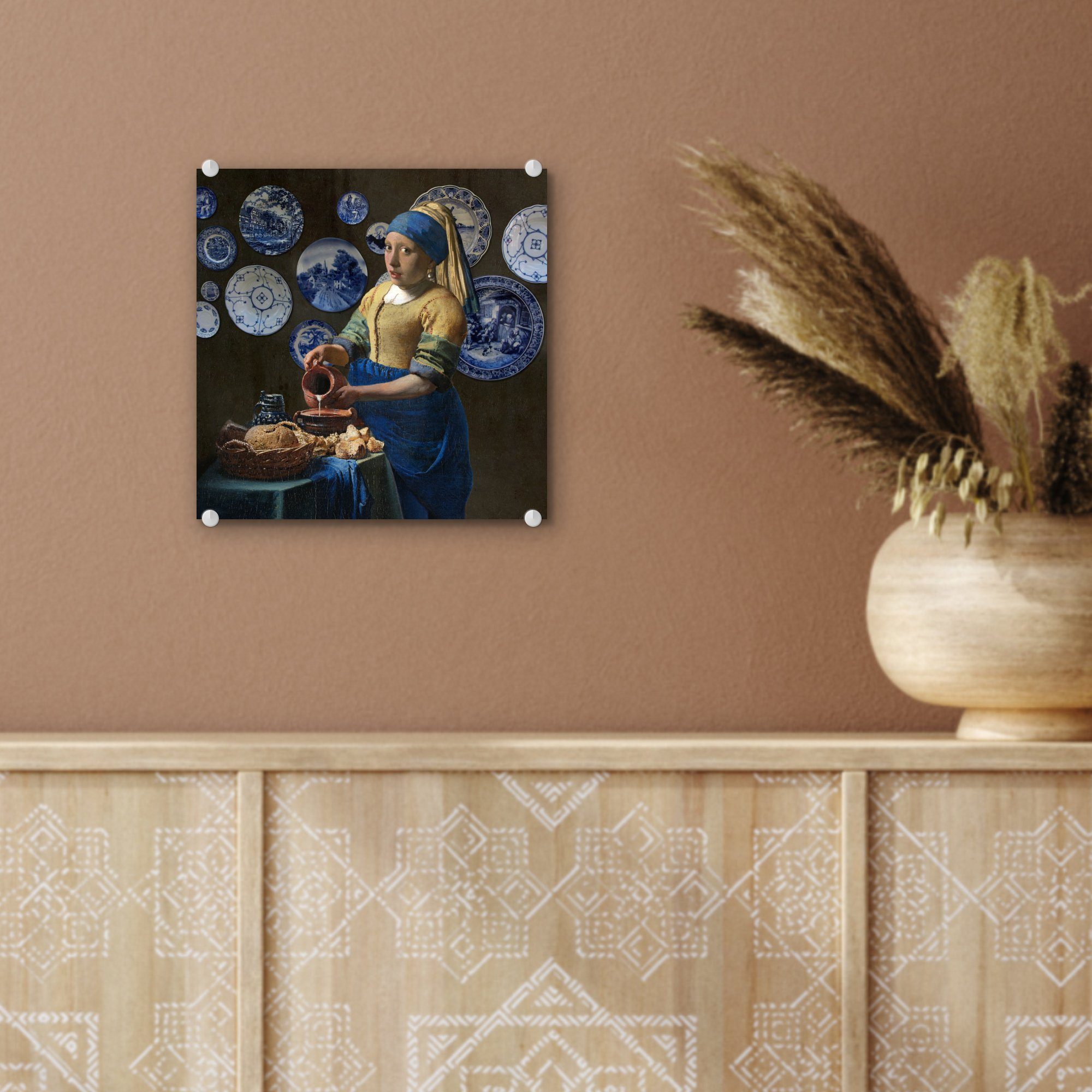 auf - Glas St), Wandbild Glasbilder Perlenohrring Glas Mädchen - (1 Acrylglasbild - Vermeer, mit Bilder Milchmädchen MuchoWow - - auf Wanddekoration Foto Das dem