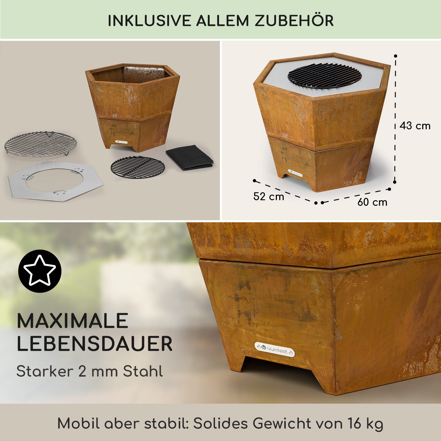 blumfeldt Feuerschale Hekla, (Set, Set), Garten Grill Tisch Funkenschutz Feuerkorb Feuerstelle Outdoor