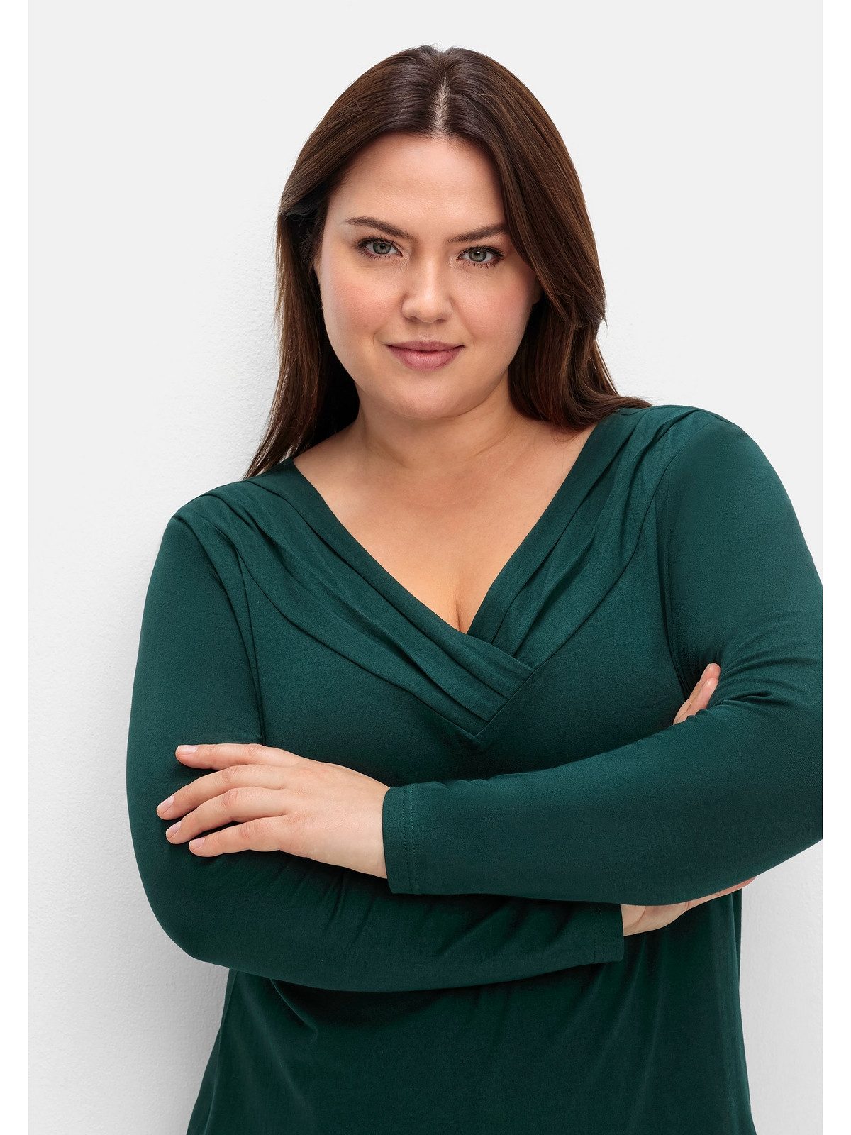 sheego by Joe Browns Langarmshirt Große Größen mit Zierfalten am V-Ausschnitt, A-Linie