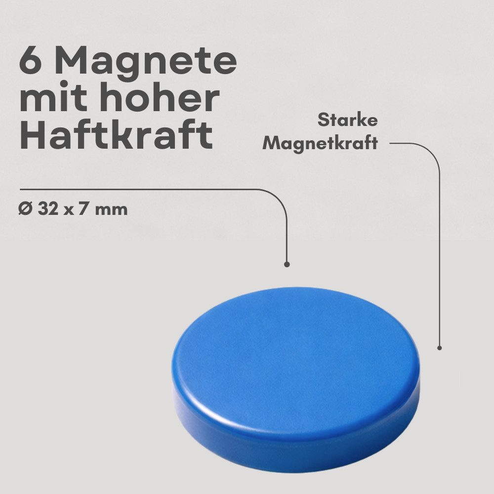 MaajeeKuto Magnet Haftmagnete Ø32x7 mm blau – starke Pinboard Magnete 6 Stück (1-St)