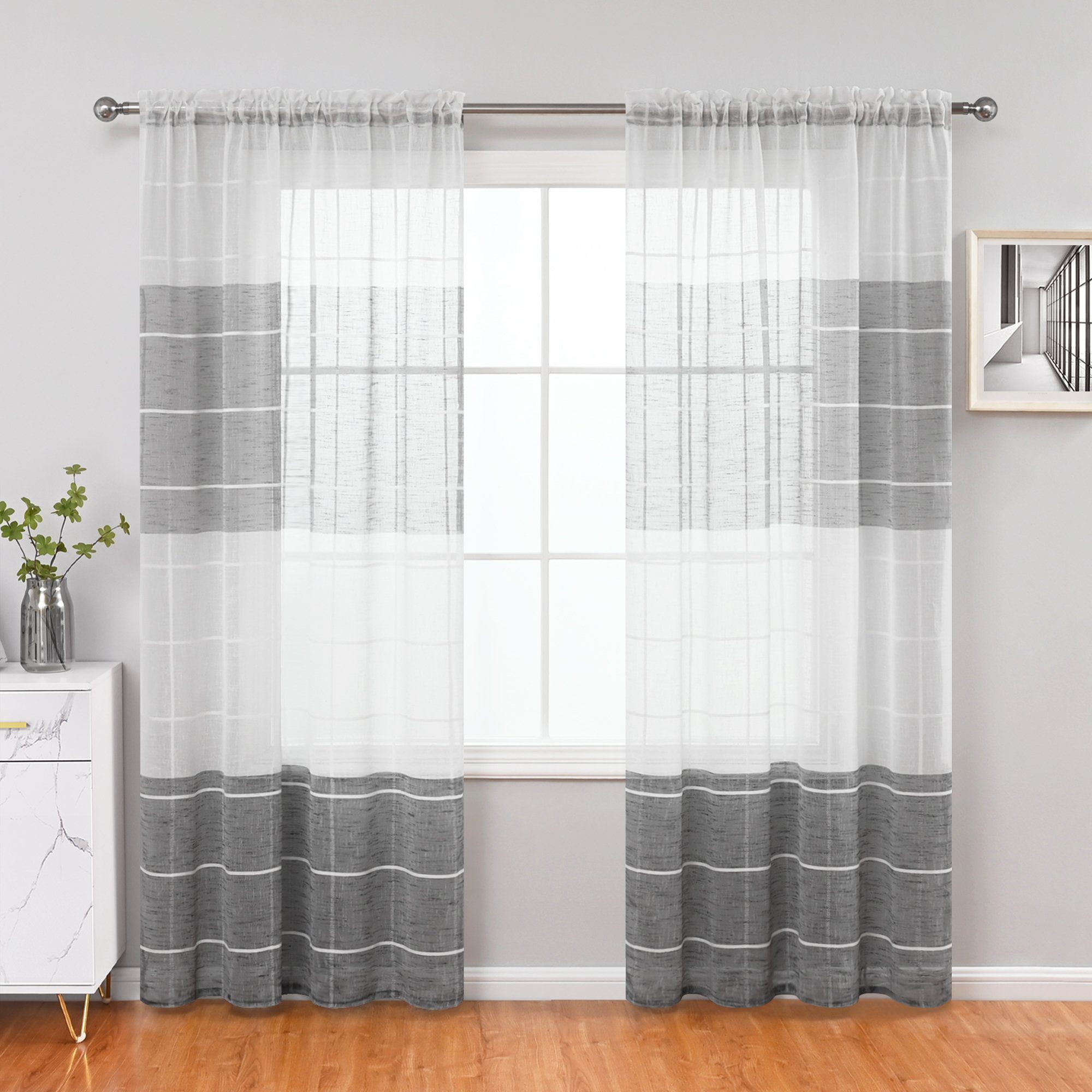 Gardine, HOMEIDEAS, Stangendurchzug (2 St), halbtransparent, Polyester,  Gestreifte Farbblock-Design Vorhänge