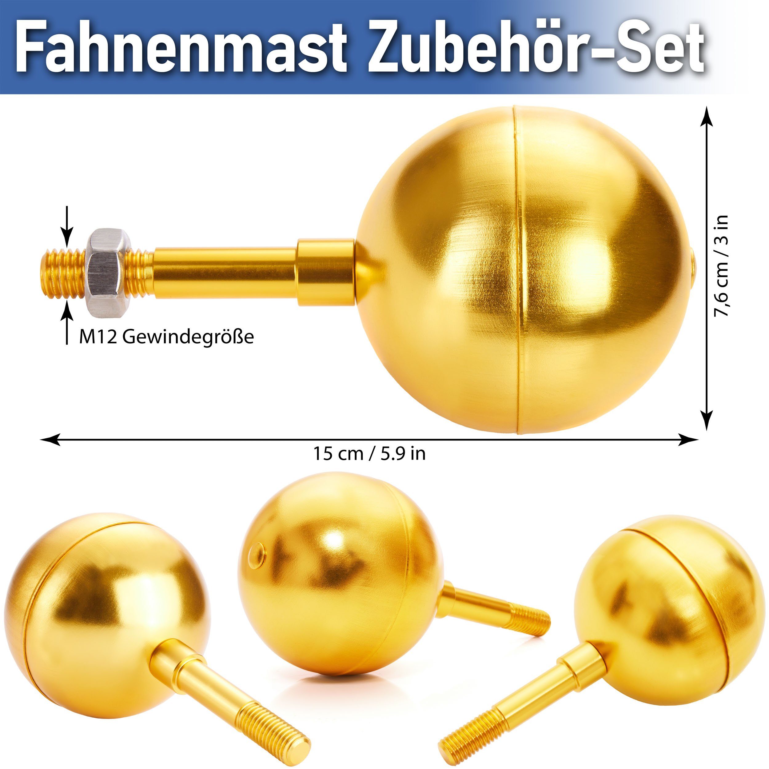 BRUBAKER Fahnenmast Reparaturset - Zubehör Set - Ersatzteile für Flaggenmast, (Für Fahnenmast mit 3,8 cm Ø, 1-St), Kugelspitze Gold, Seil, Karabiner, Klampe, Topper + Rolle, Schrauben