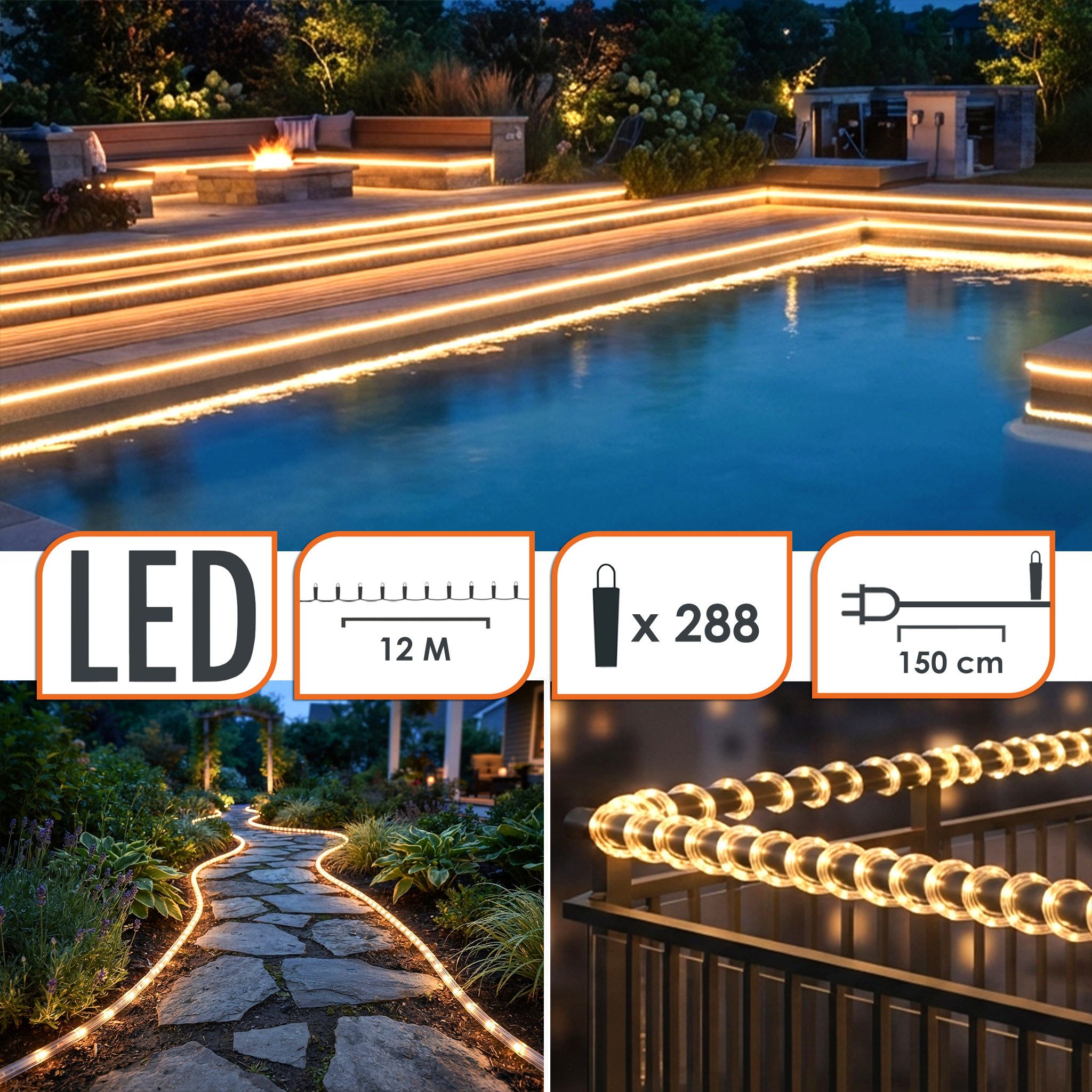Spetebo LED-Lichterschlauch LED Lichtschlauch WARMWEISS - 12m / Ø 12mm, 288-flammig, Lichtschlauch in 12m Länge mit 288 LED in warm weiß – Bild 2 von 5