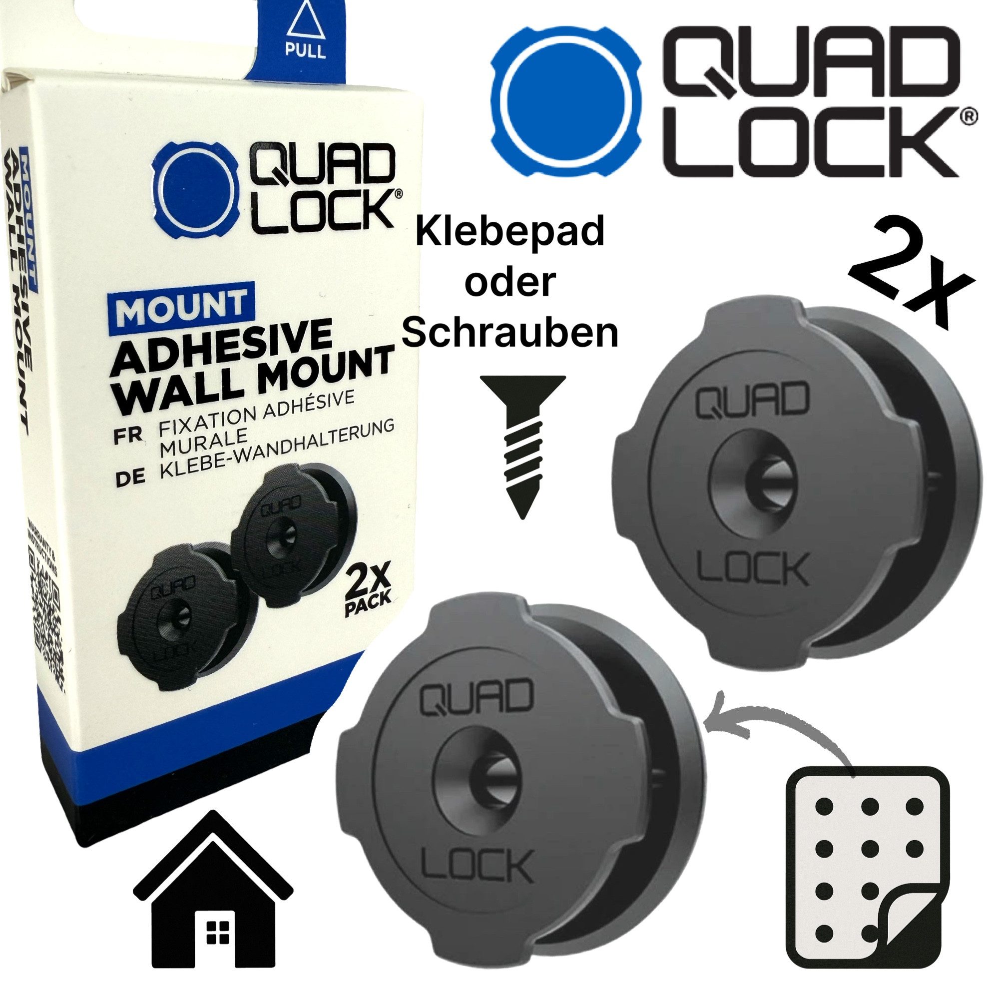 Quad Lock Handyhülle QUAD LOCK Wall Mount Wandhalterung Selbstklebend Handyhalter 2 Stück