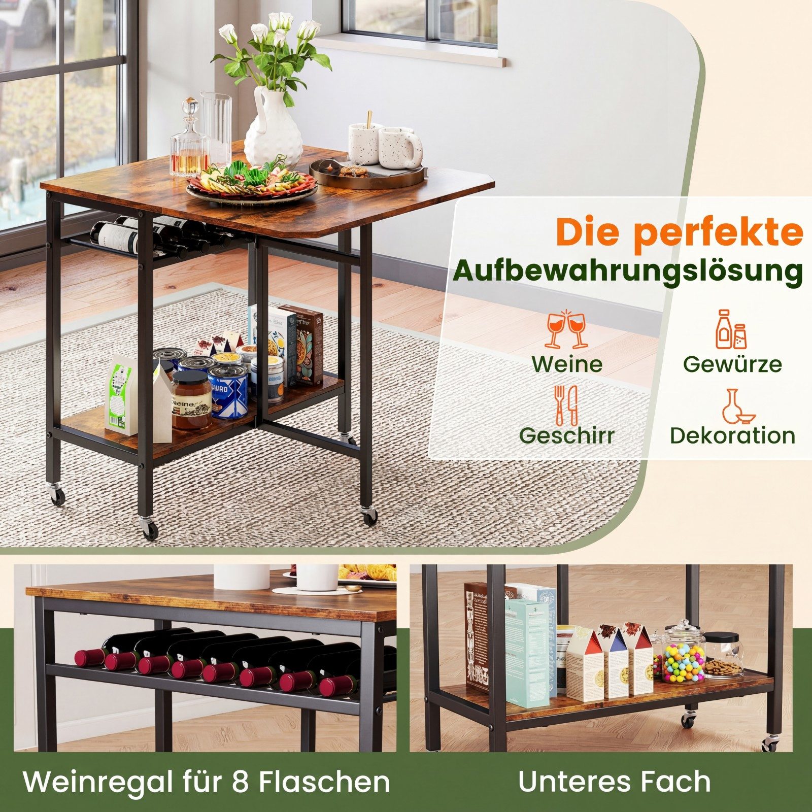 KOMFOTTEU Esstisch, Küchentisch Klapptisch mit Rollen, offenem Regal & Weinregal