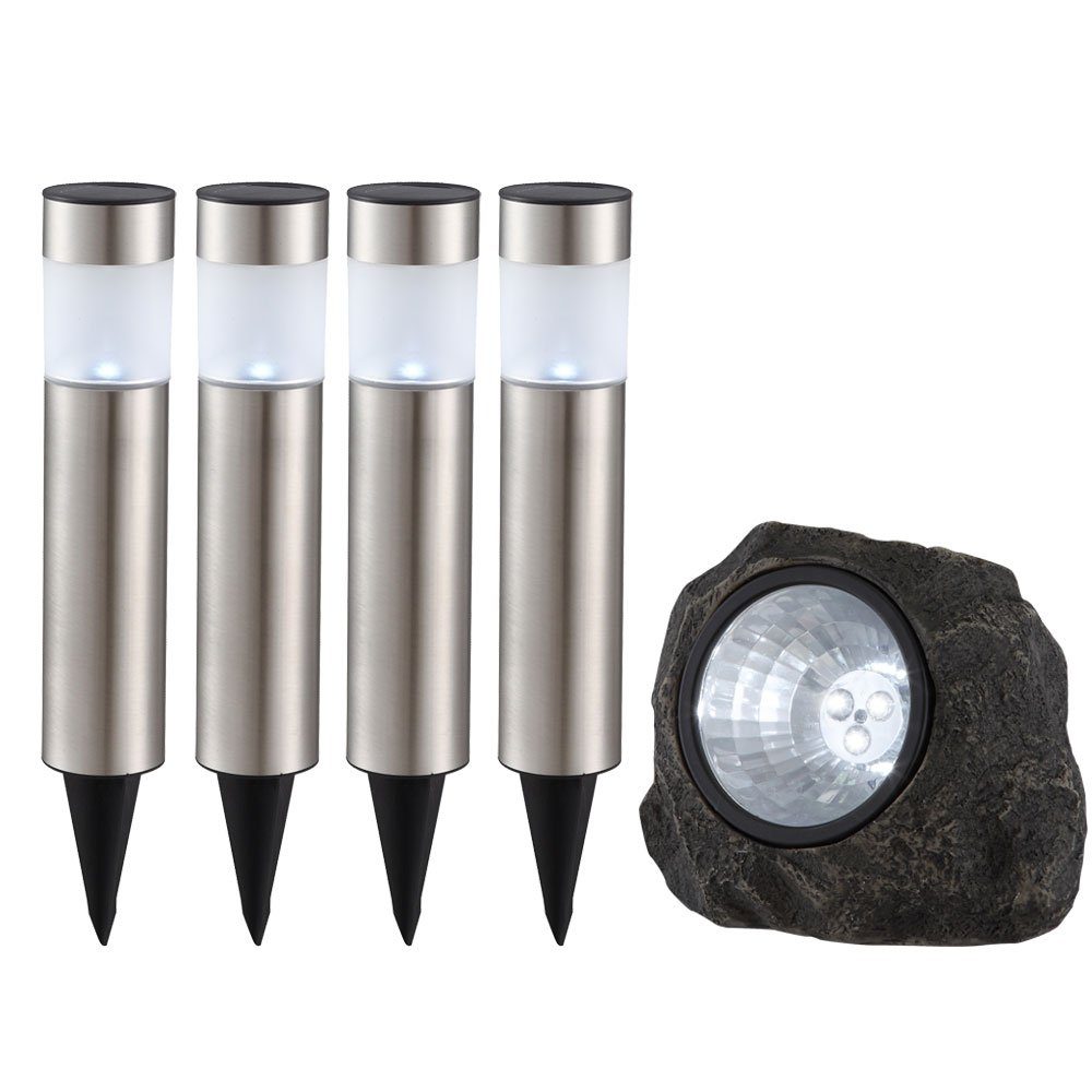 etc-shop Gartenleuchte, LED-Leuchtmittel fest verbaut, 5er Set Solar Steck Lampe Garten Steh Leuchten Stein Spot