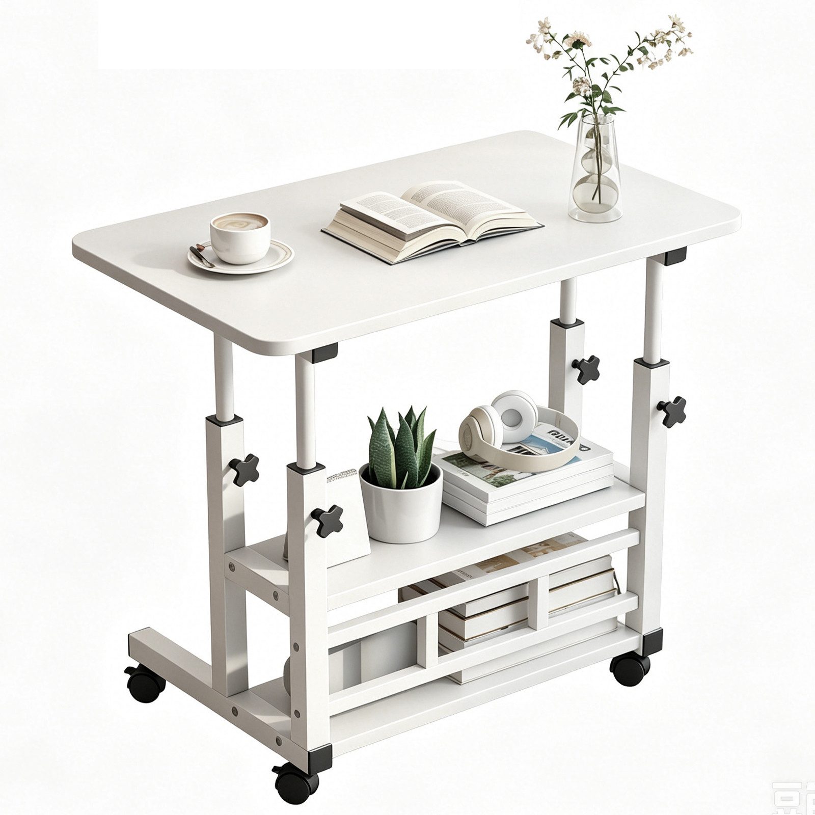 PFCTART Beistelltisch Beistelltisch mit Rollen, höhenverstellbar, 40x80 cm, 3 Ablagen (Set, 1-St., Beistelltisch Couch, mobiler Laptoptisch für Wohnen & Büro), Schreibtisch klein, 63–90 cm höhenverstellbar, 4 Rollen mit Bremse