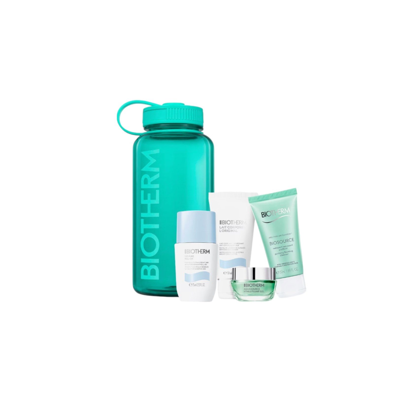 BIOTHERM Körperpflegemittel Biotherm Aquasource Drop-Set Grün Deo Pure Roll-On 75 ml + Lait Corporel 50 ml + Aquasource Hyalu Plump Gel 15 ml+ Biosource Cleanser 50 ml / 1 Stk., 5-tlg.