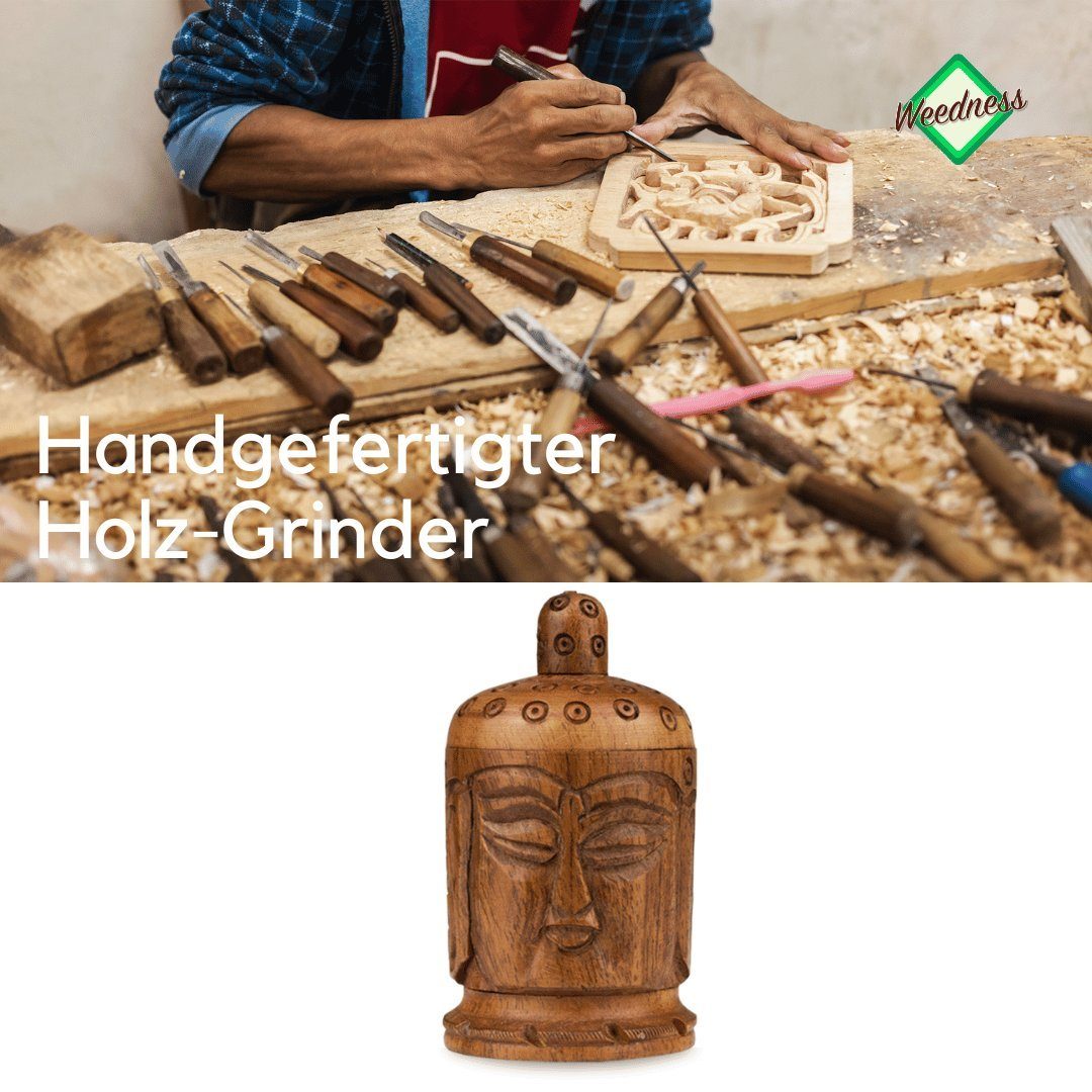 Weedness Kräutermühle Mini Crunsher Wood Holz Crusher Set Grinder Buddha klein 4-teiliges handgeschnitzt