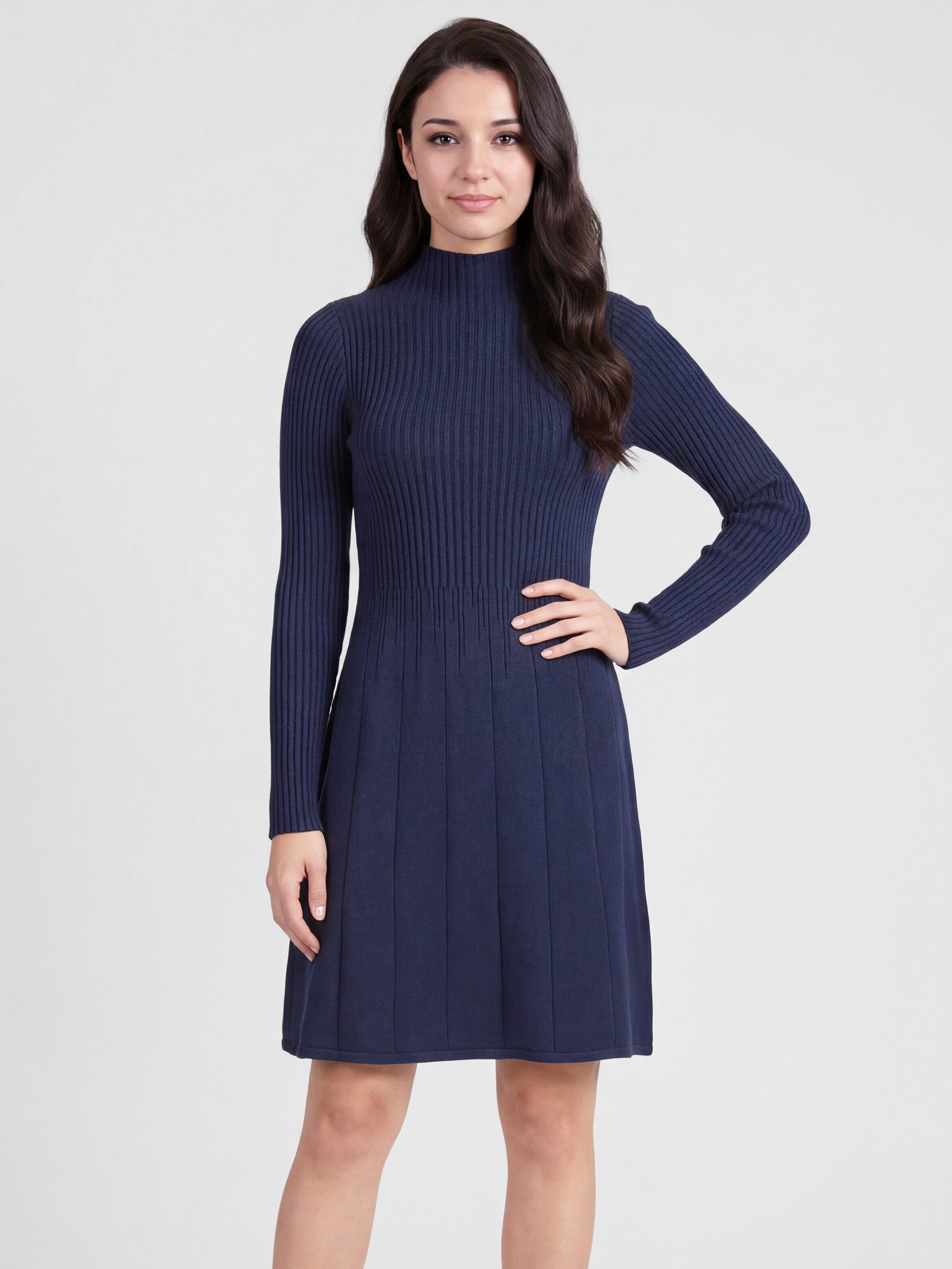 PEKIVESSA Strickkleid Kurzes Rippstrick-Kleid tailliert mit ausgestelltem Rockteil