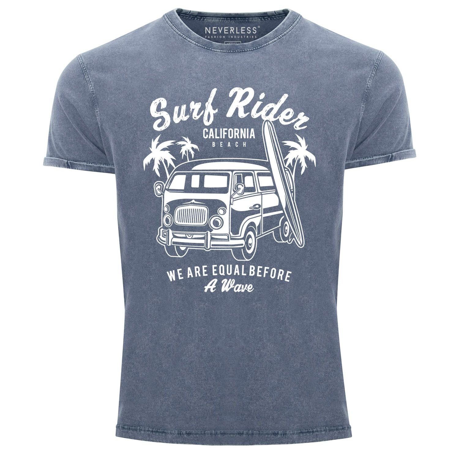Neverless Print-Shirt Print Aufdruck blau Surfen Cooles Bus Slim Shirt T-Shirt Vintage Neverless® Angesagtes Retro Used Look mit Fit Herren