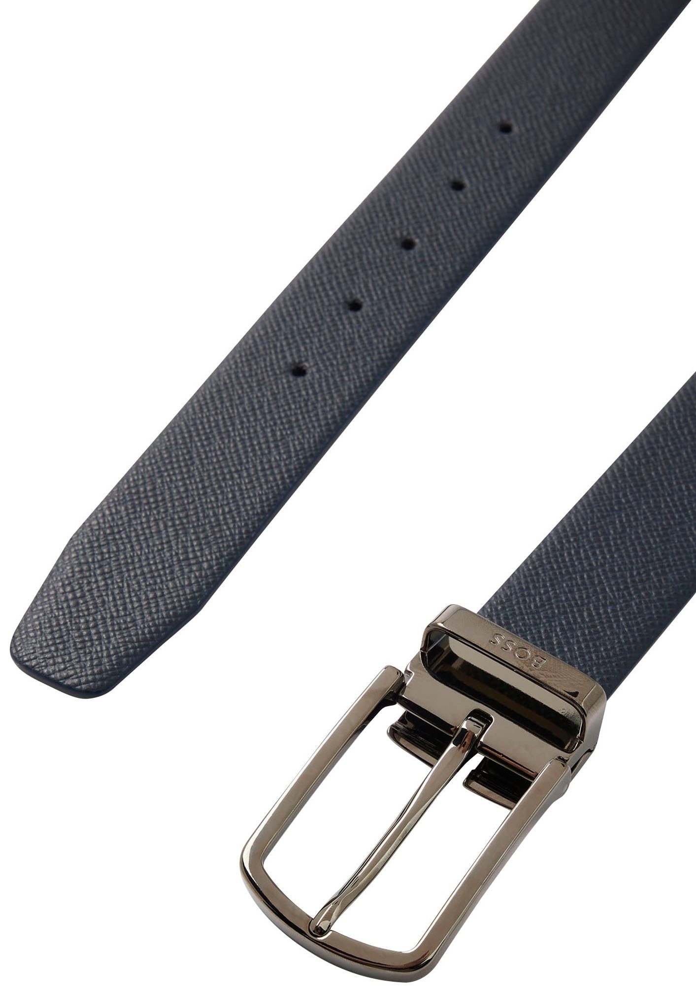 in und Ledergürtel Metall-Schnalle BOSS dezenter Onesize Größe, dunkelblau Logo-Schlaufe mit